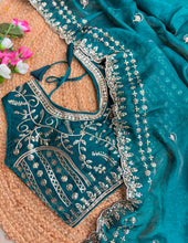 Load image into Gallery viewer, Blossom Wedding Wear Satin Silk Embroidery Sequence n Aarco Work Border Designer Saree With Stitched Blouse
