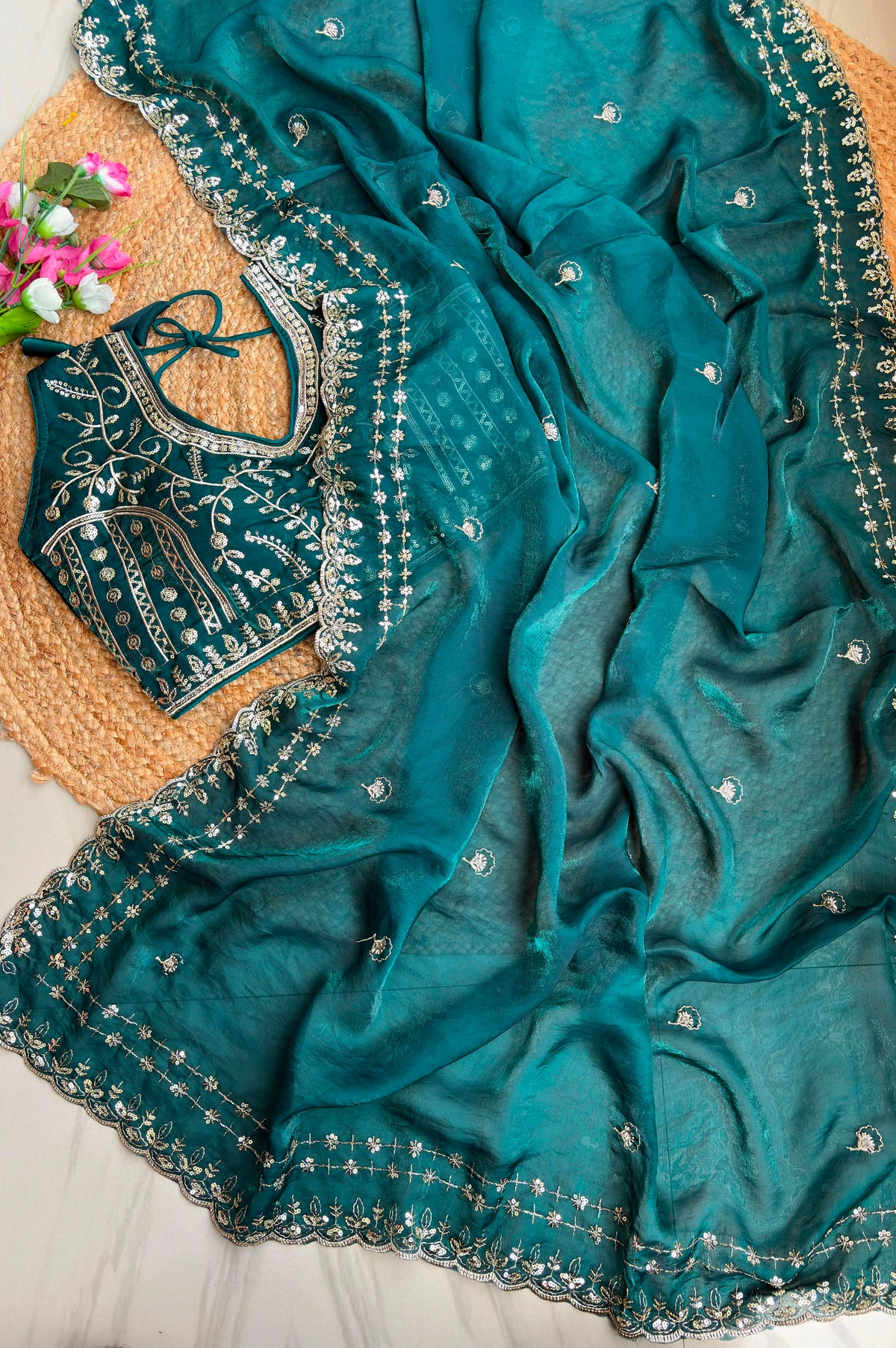 Blossom Wedding Wear Satin Silk Embroidery Sequence n Aarco Work Border Designer Saree With Stitched Blouse