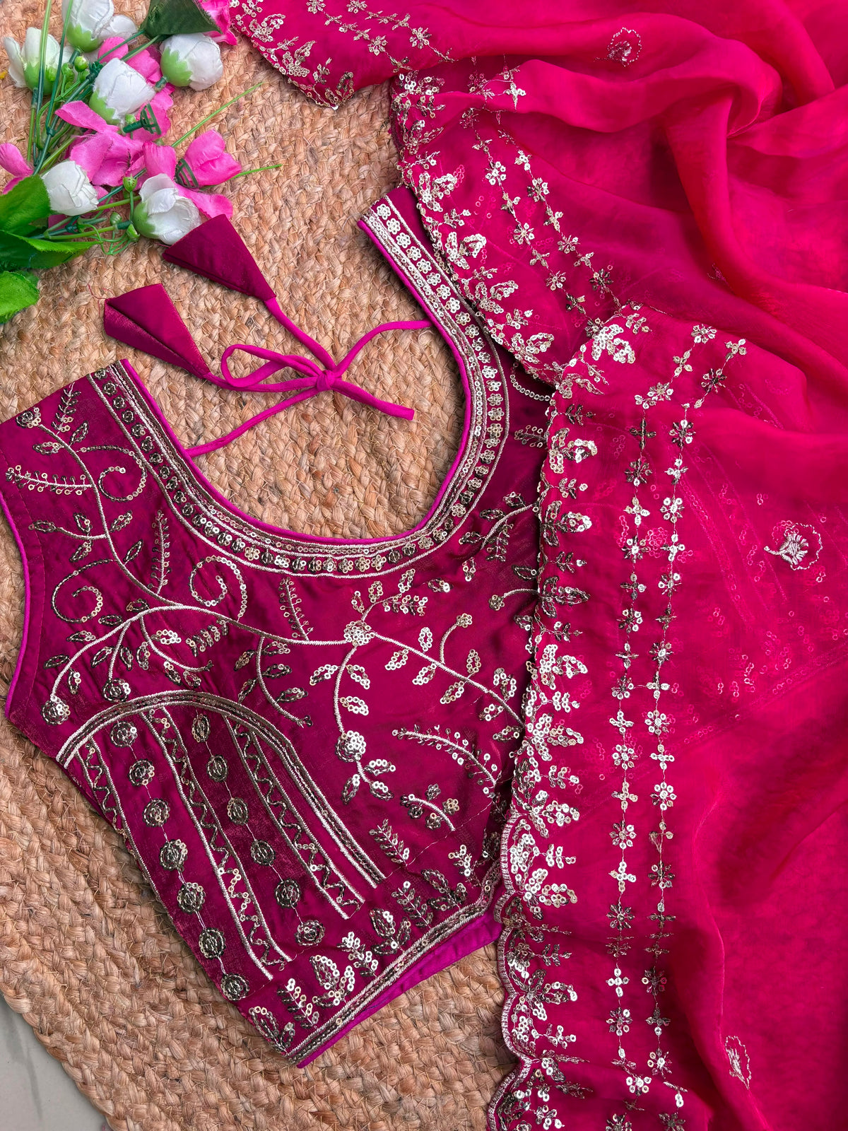 Blossom Wedding Wear Satin Silk Embroidery Sequence n Aarco Work Border Designer Saree With Stitched Blouse