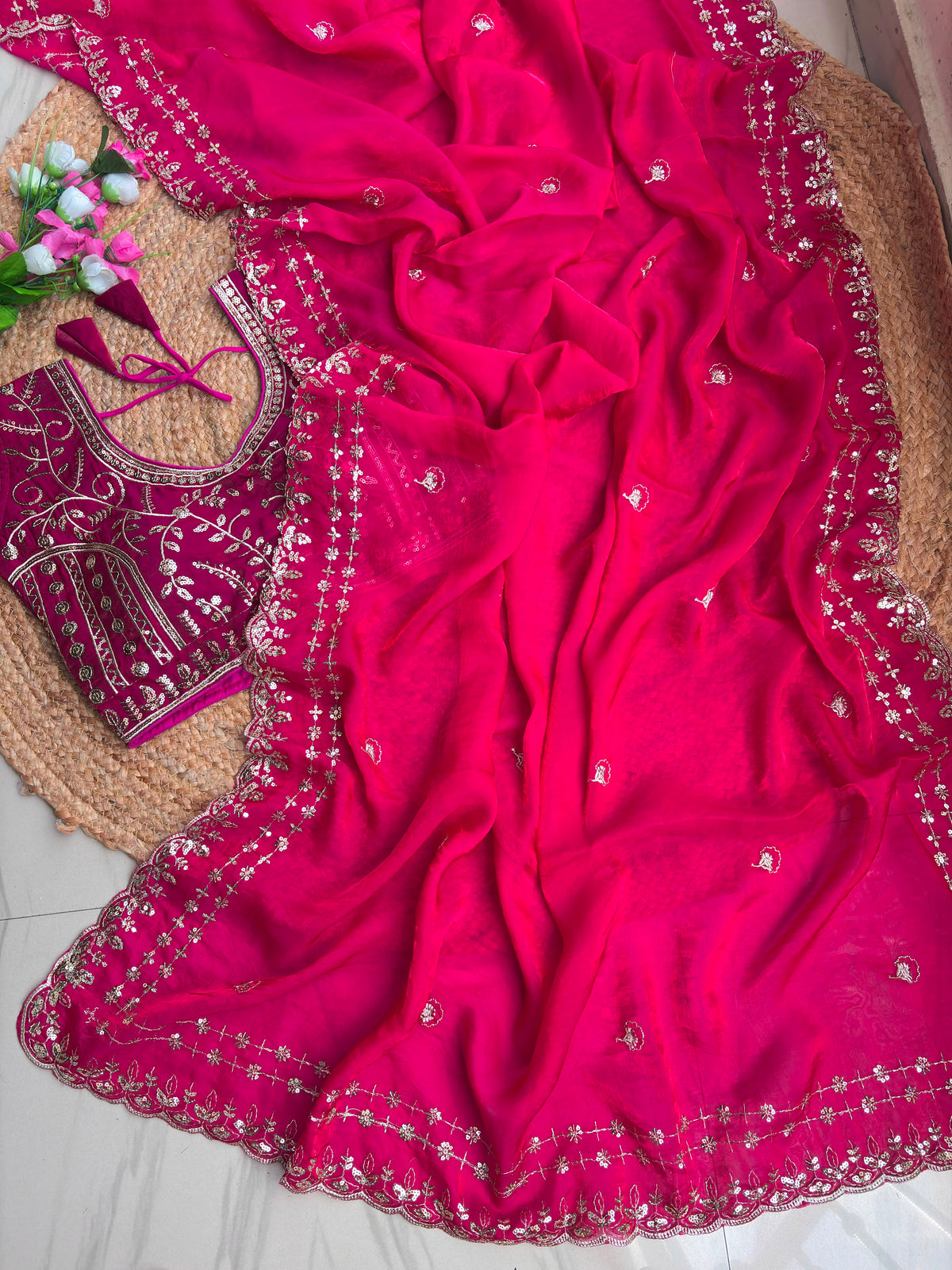 Blossom Wedding Wear Satin Silk Embroidery Sequence n Aarco Work Border Designer Saree With Stitched Blouse