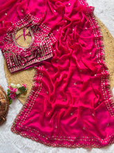 Load image into Gallery viewer, Blossom Wedding Wear Satin Silk Embroidery Sequence n Aarco Work Border Designer Saree With Stitched Blouse

