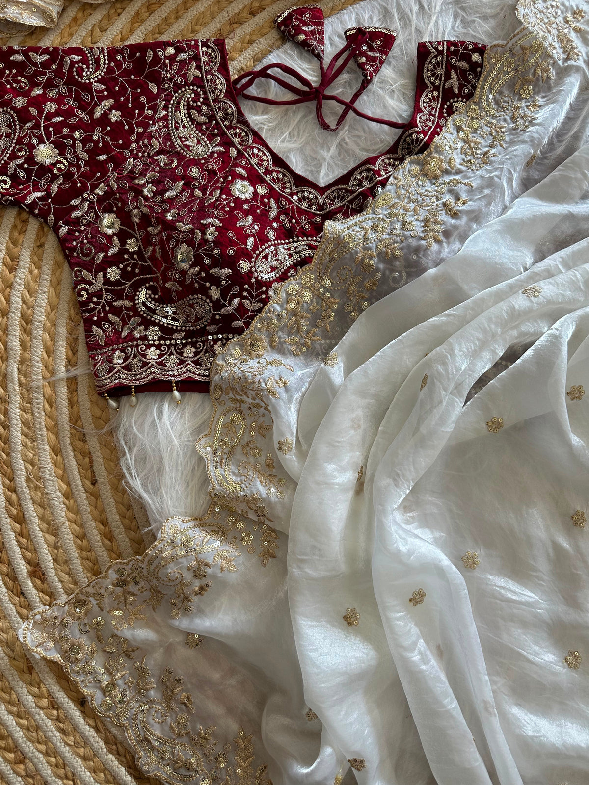 Dazzling Wedding Wear Satin Silk Embroidery Sequence n Aarco Work Designer Saree With Stitched Blouse