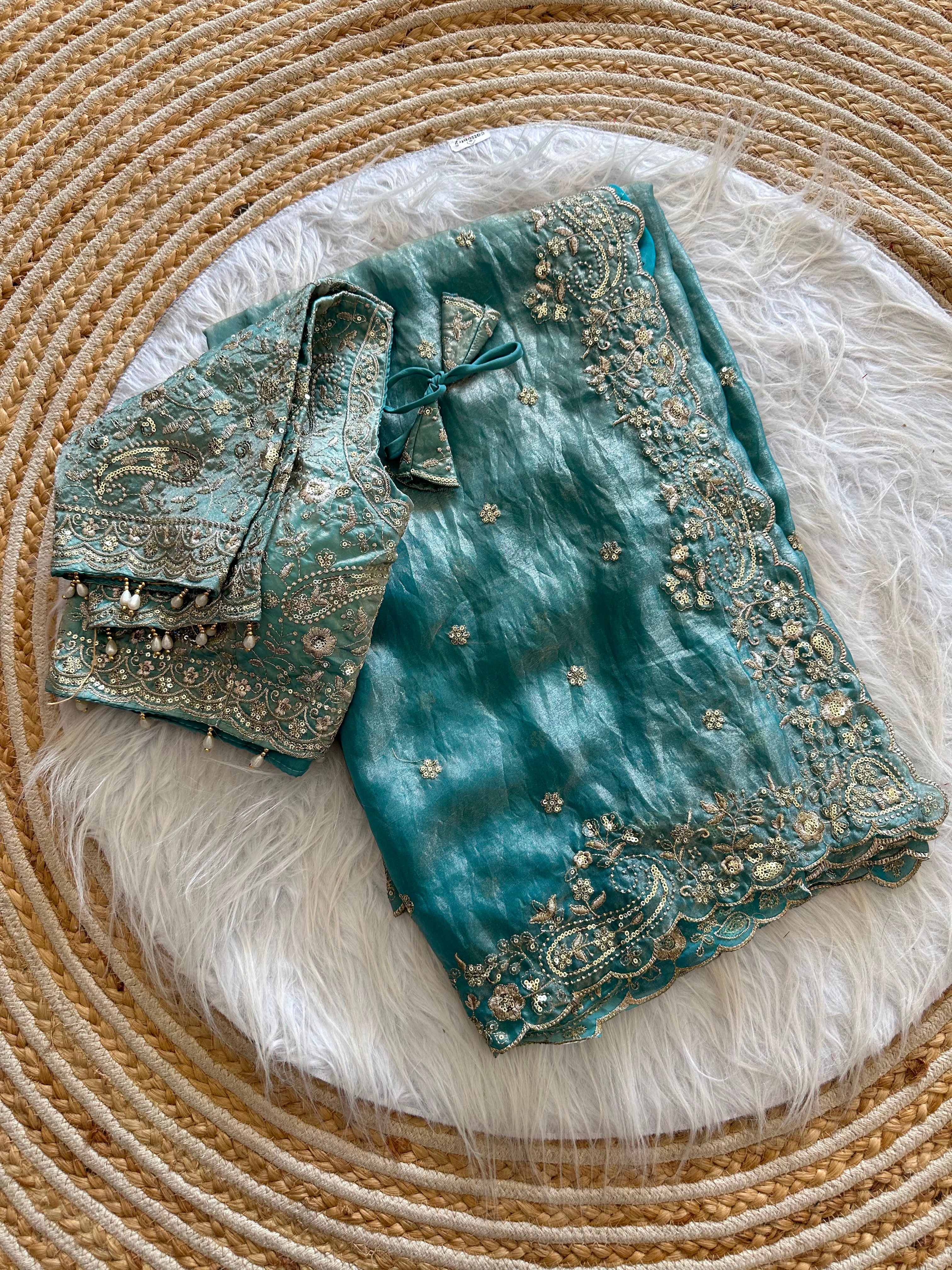 Dazzling Wedding Wear Satin Silk Embroidery Sequence n Aarco Work Designer Saree With Stitched Blouse