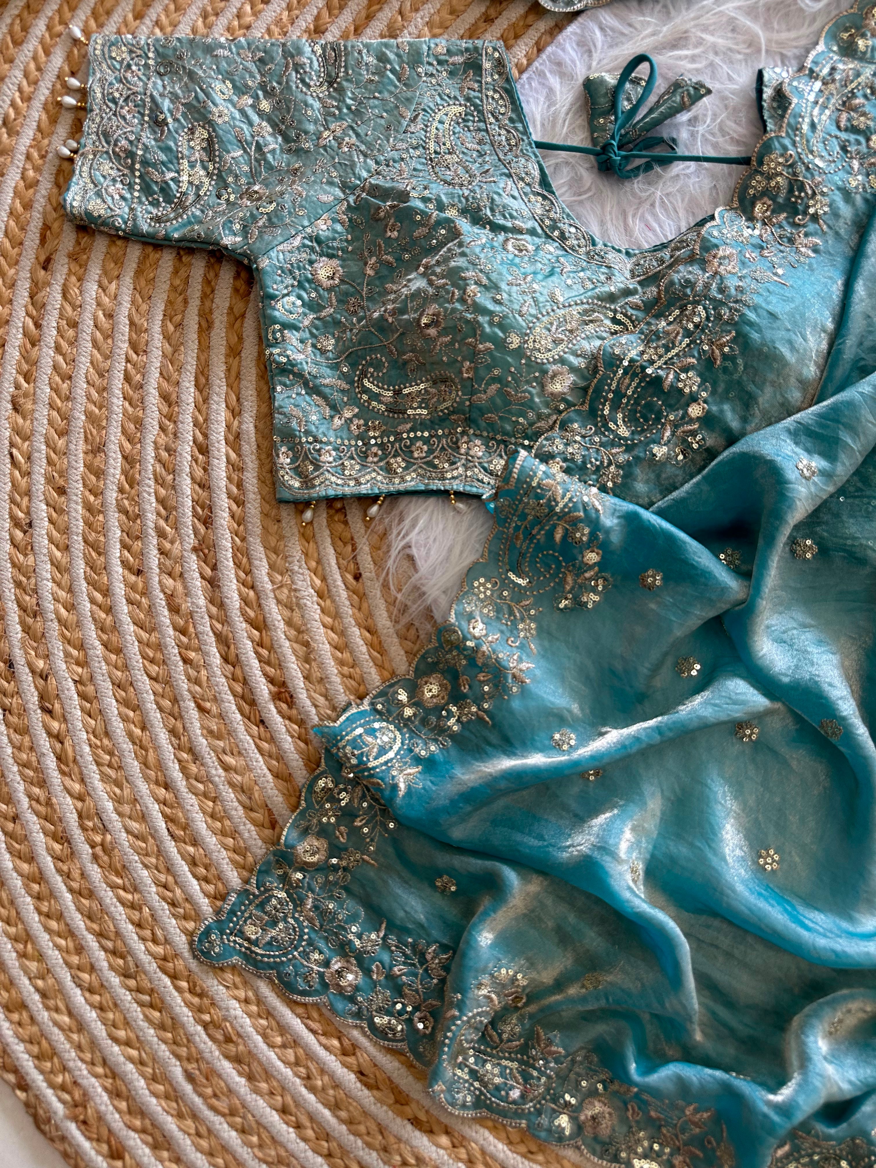 Dazzling Wedding Wear Satin Silk Embroidery Sequence n Aarco Work Designer Saree With Stitched Blouse
