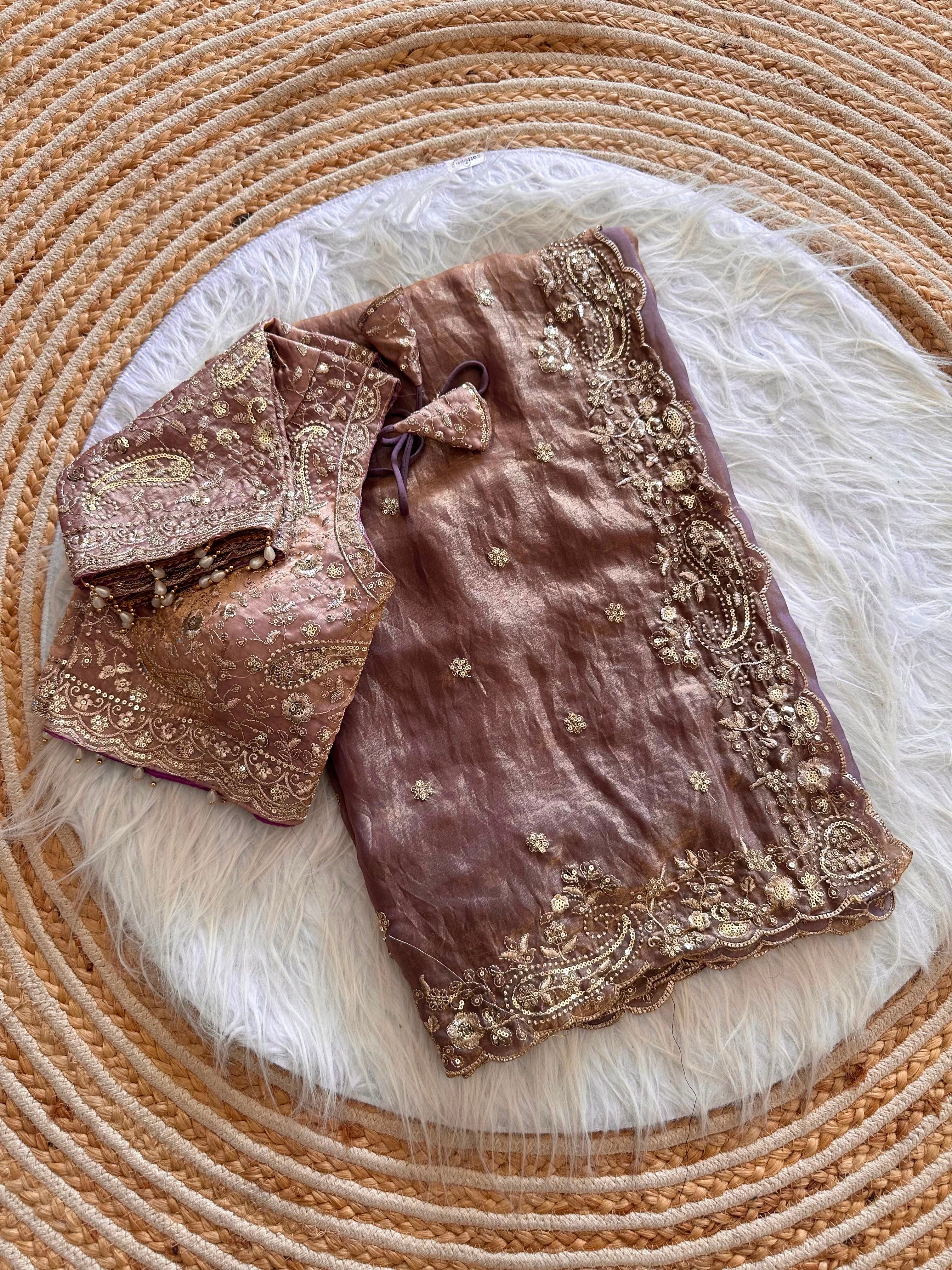 Dazzling Wedding Wear Satin Silk Embroidery Sequence n Aarco Work Designer Saree With Stitched Blouse