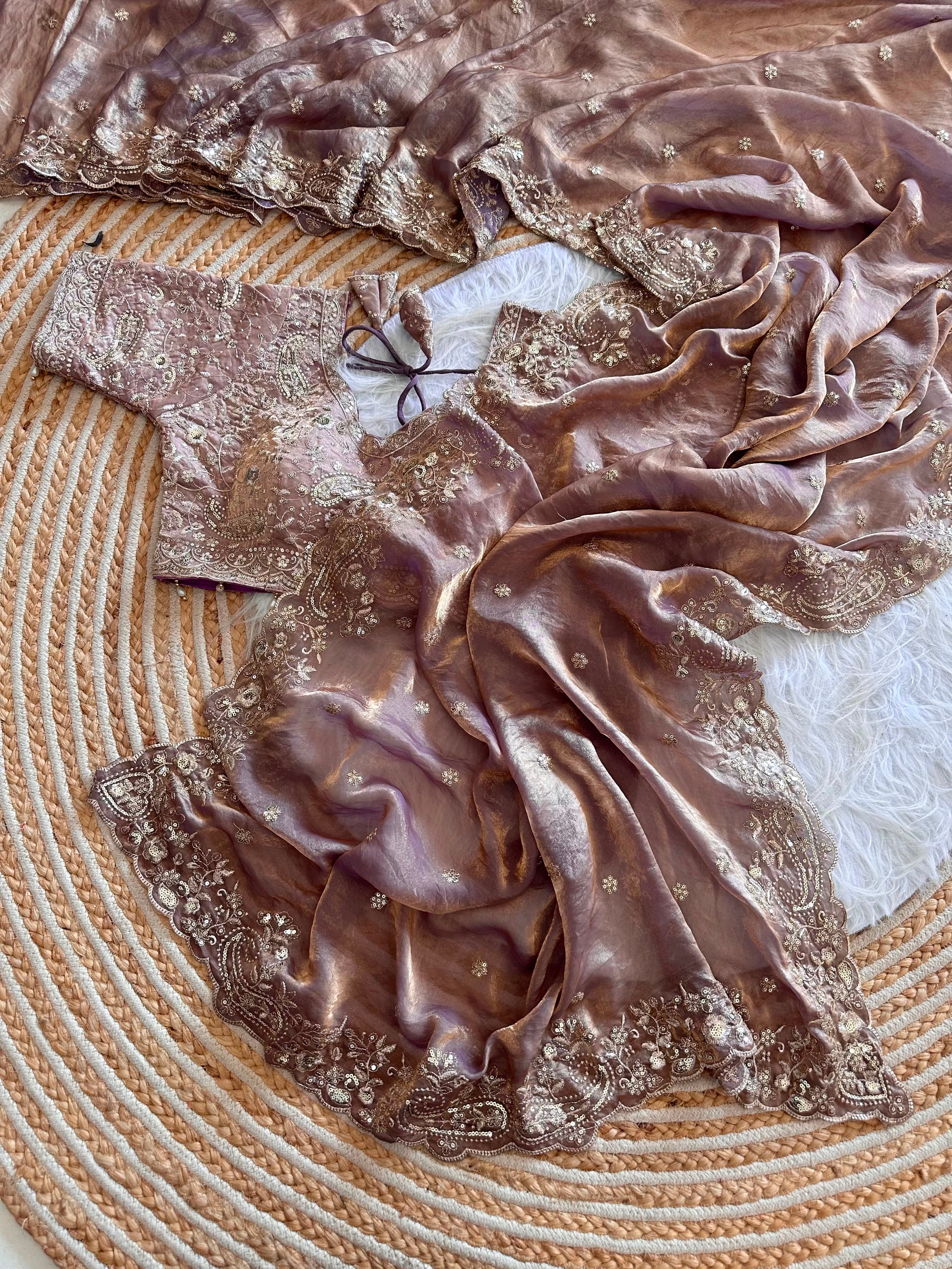 Dazzling Wedding Wear Satin Silk Embroidery Sequence n Aarco Work Designer Saree With Stitched Blouse