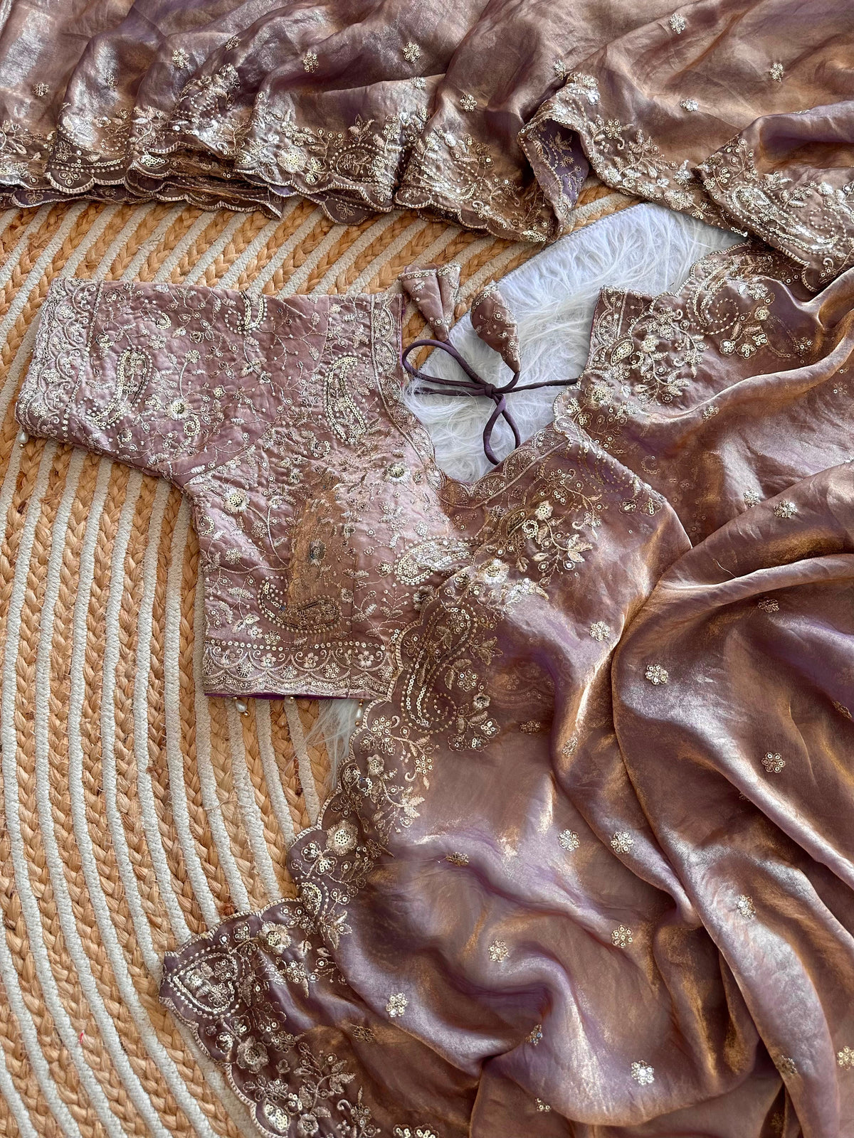 Dazzling Wedding Wear Satin Silk Embroidery Sequence n Aarco Work Designer Saree With Stitched Blouse
