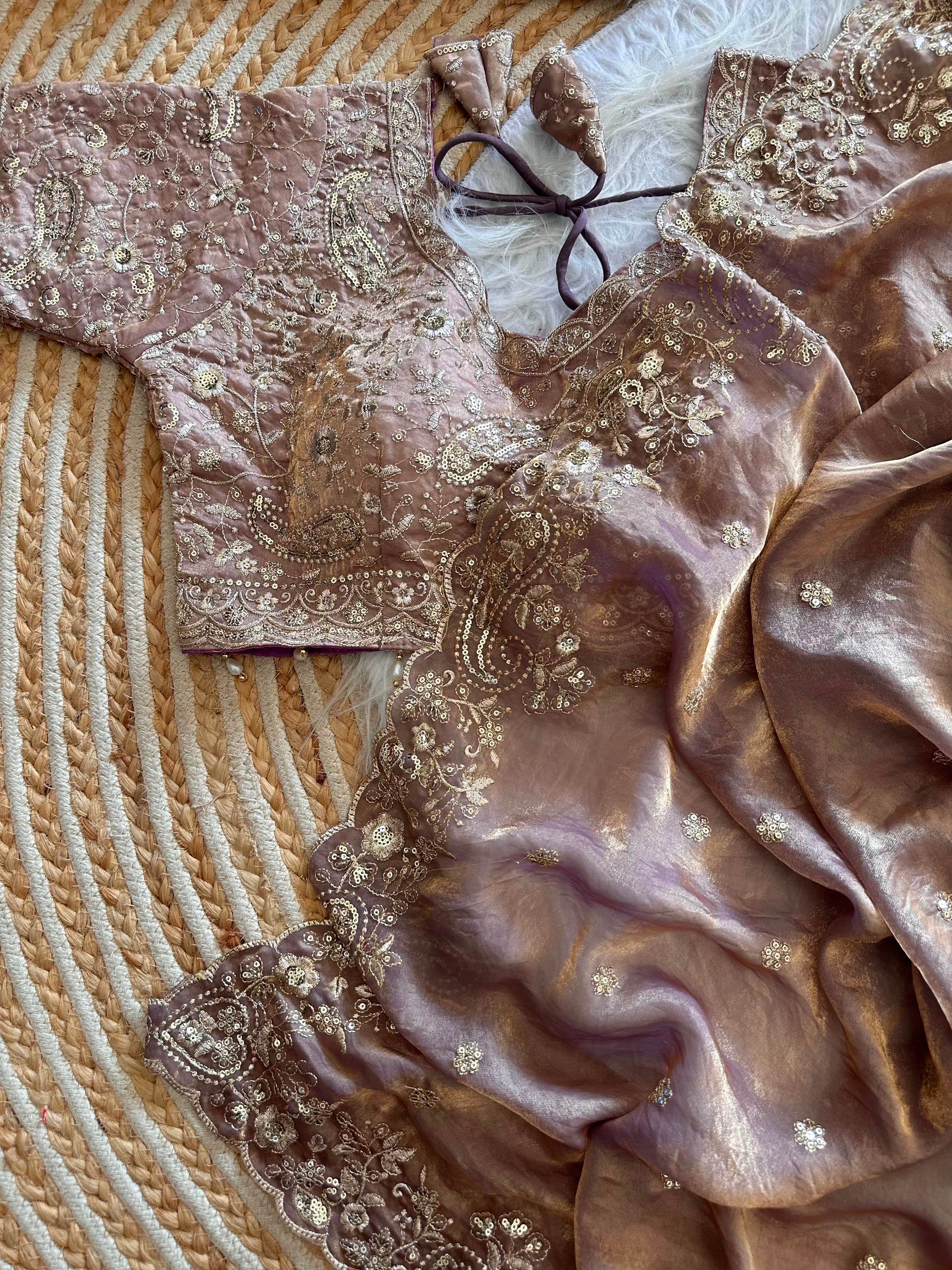 Dazzling Wedding Wear Satin Silk Embroidery Sequence n Aarco Work Designer Saree With Stitched Blouse
