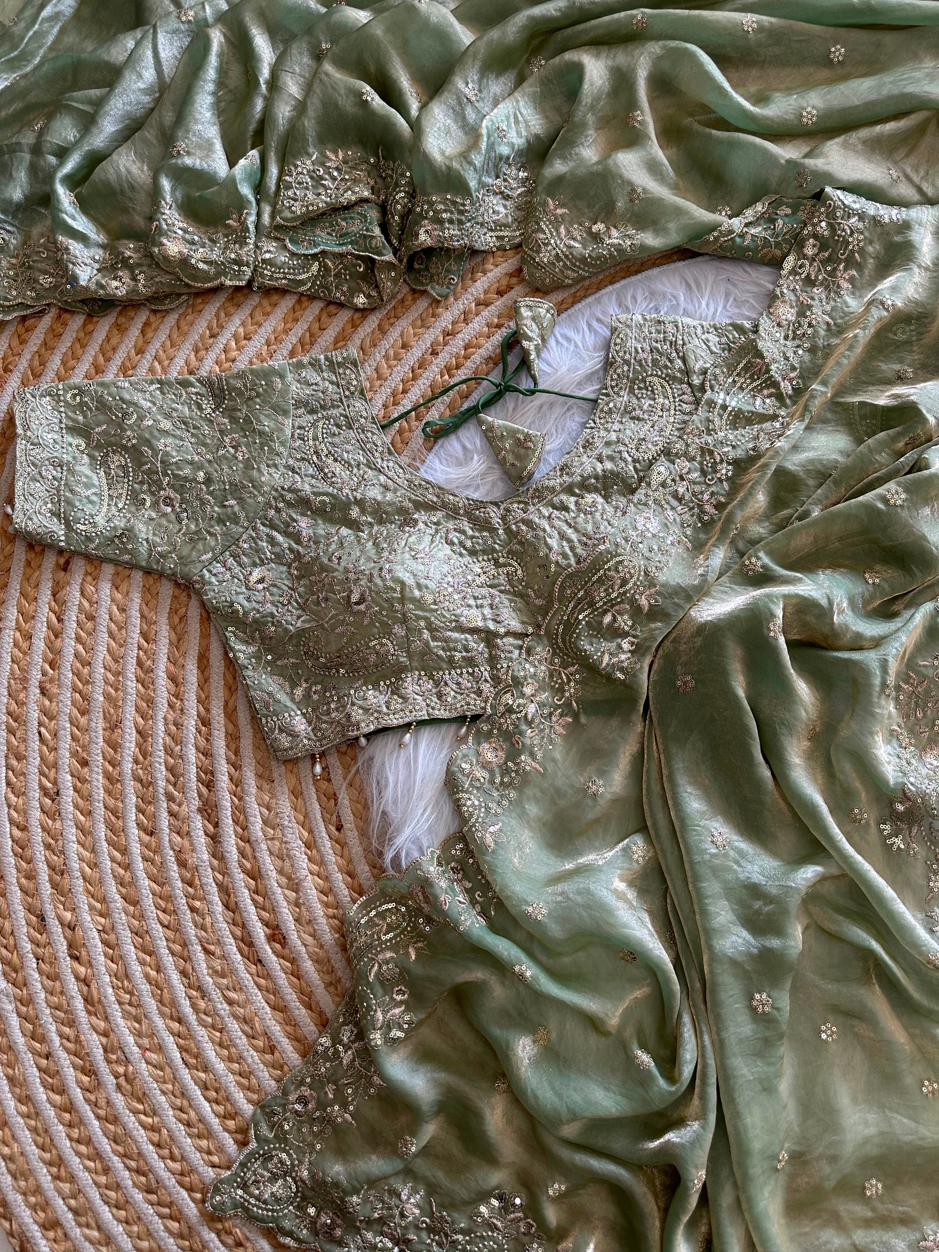 Dazzling Wedding Wear Satin Silk Embroidery Sequence n Aarco Work Designer Saree With Stitched Blouse