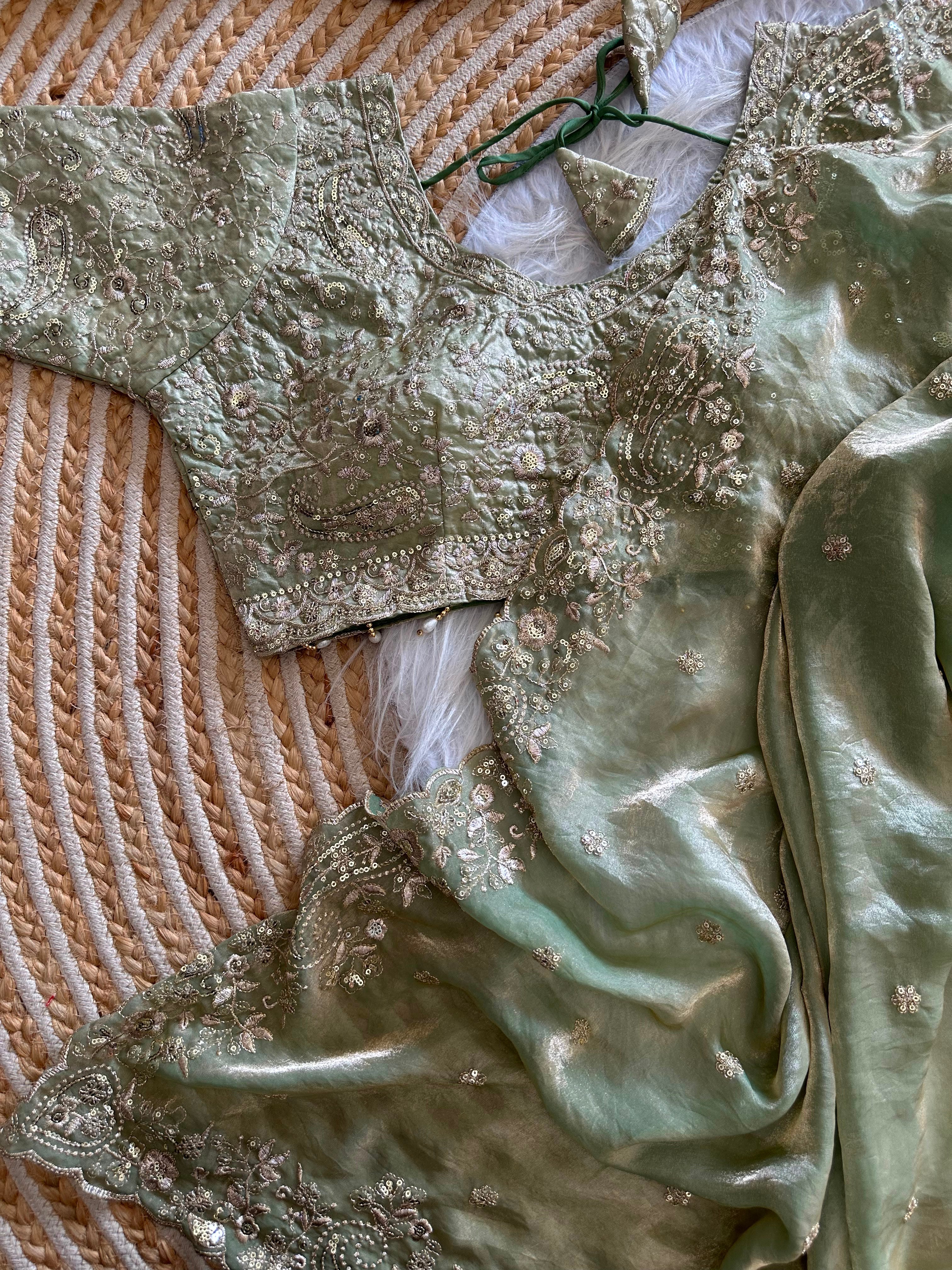 Dazzling Wedding Wear Satin Silk Embroidery Sequence n Aarco Work Designer Saree With Stitched Blouse