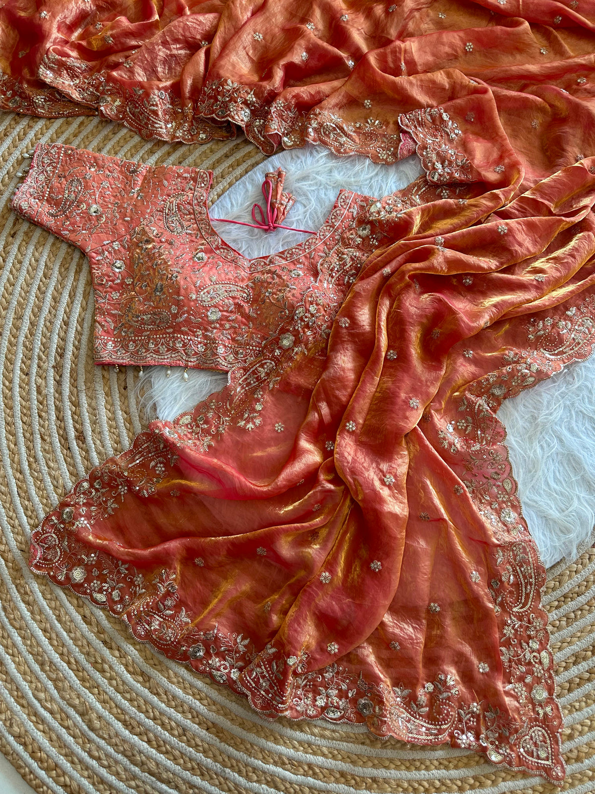 Dazzling Wedding Wear Satin Silk Embroidery Sequence n Aarco Work Designer Saree With Stitched Blouse