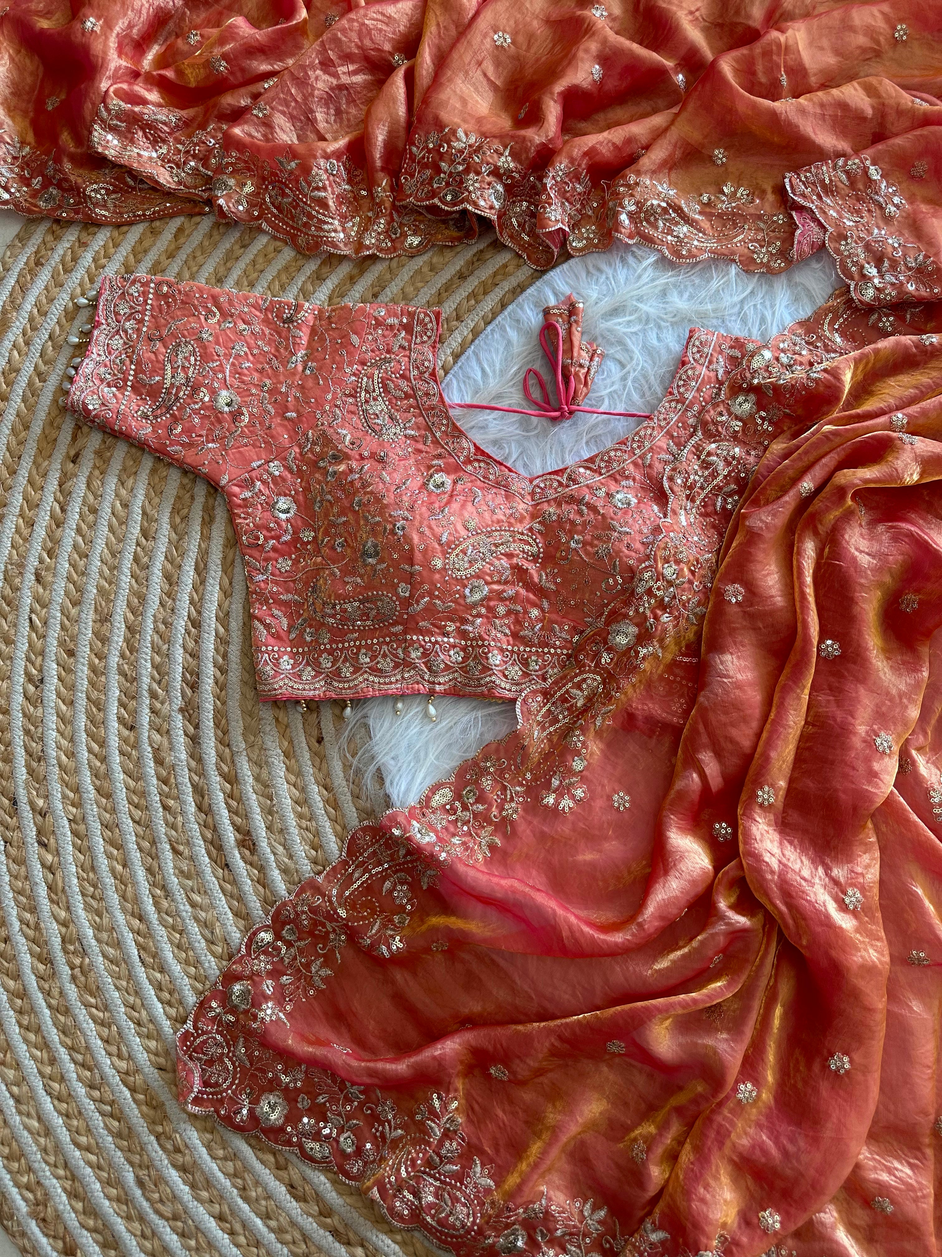 Dazzling Wedding Wear Satin Silk Embroidery Sequence n Aarco Work Designer Saree With Stitched Blouse