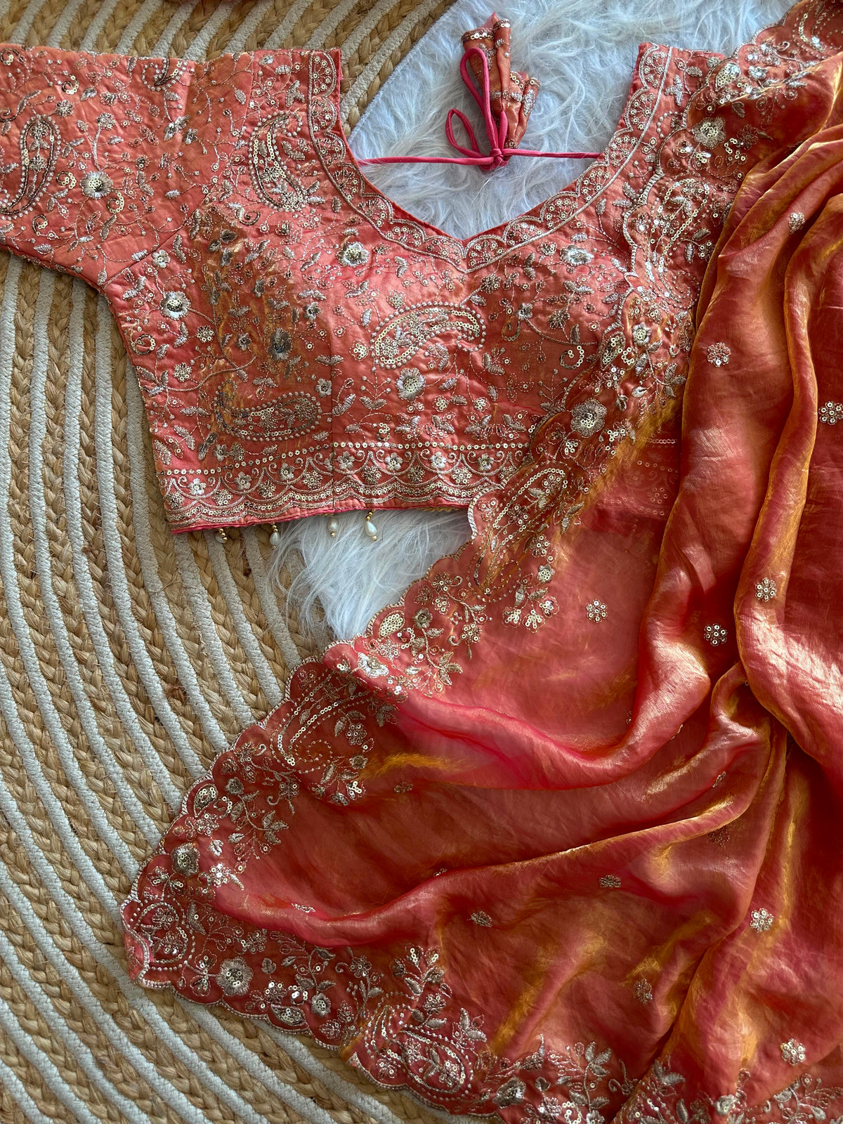Dazzling Wedding Wear Satin Silk Embroidery Sequence n Aarco Work Designer Saree With Stitched Blouse