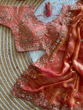Load image into Gallery viewer, Dazzling Wedding Wear Satin Silk Embroidery Sequence n Aarco Work Designer Saree With Stitched Blouse
