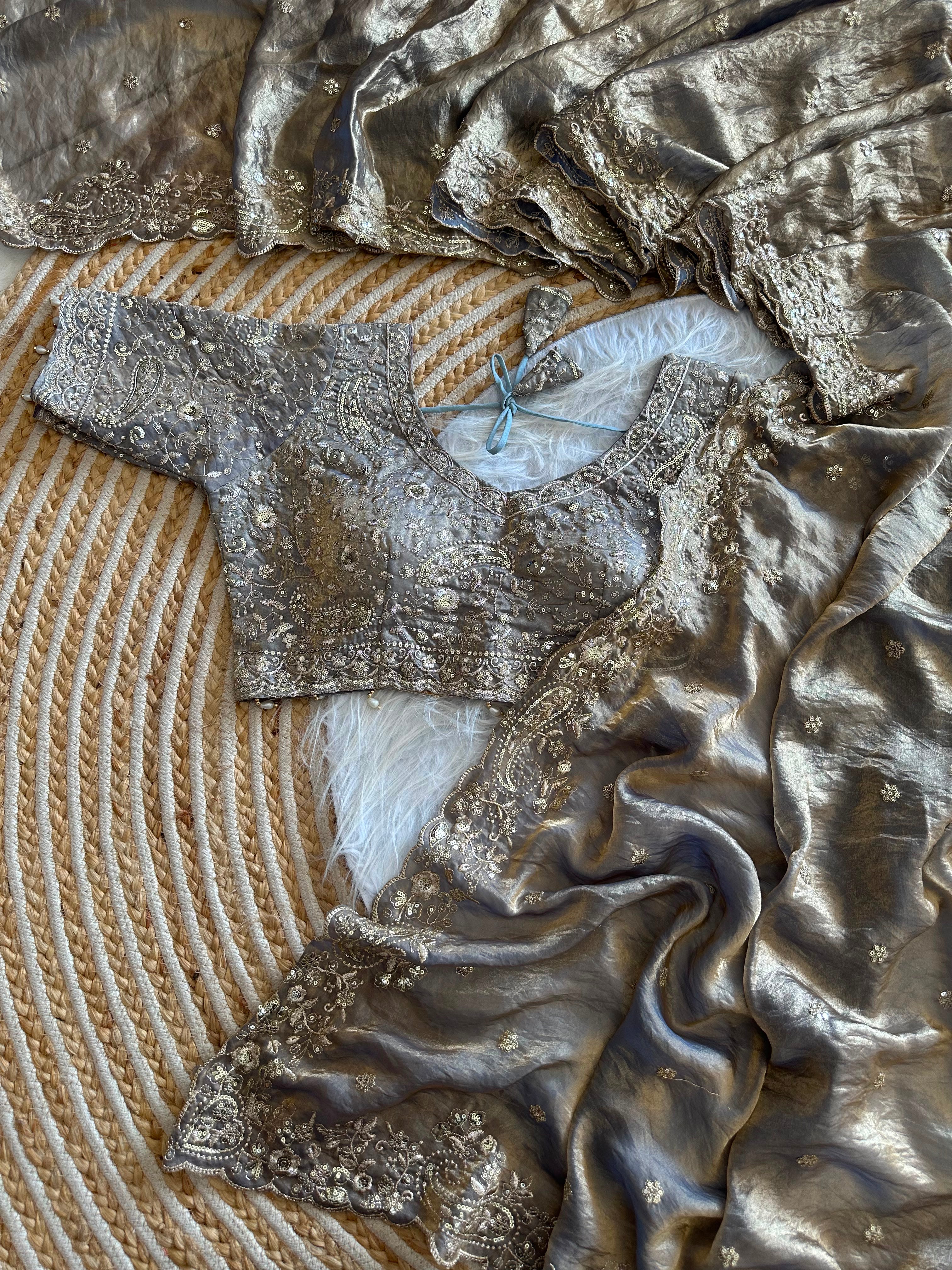 Dazzling Wedding Wear Satin Silk Embroidery Sequence n Aarco Work Designer Saree With Stitched Blouse
