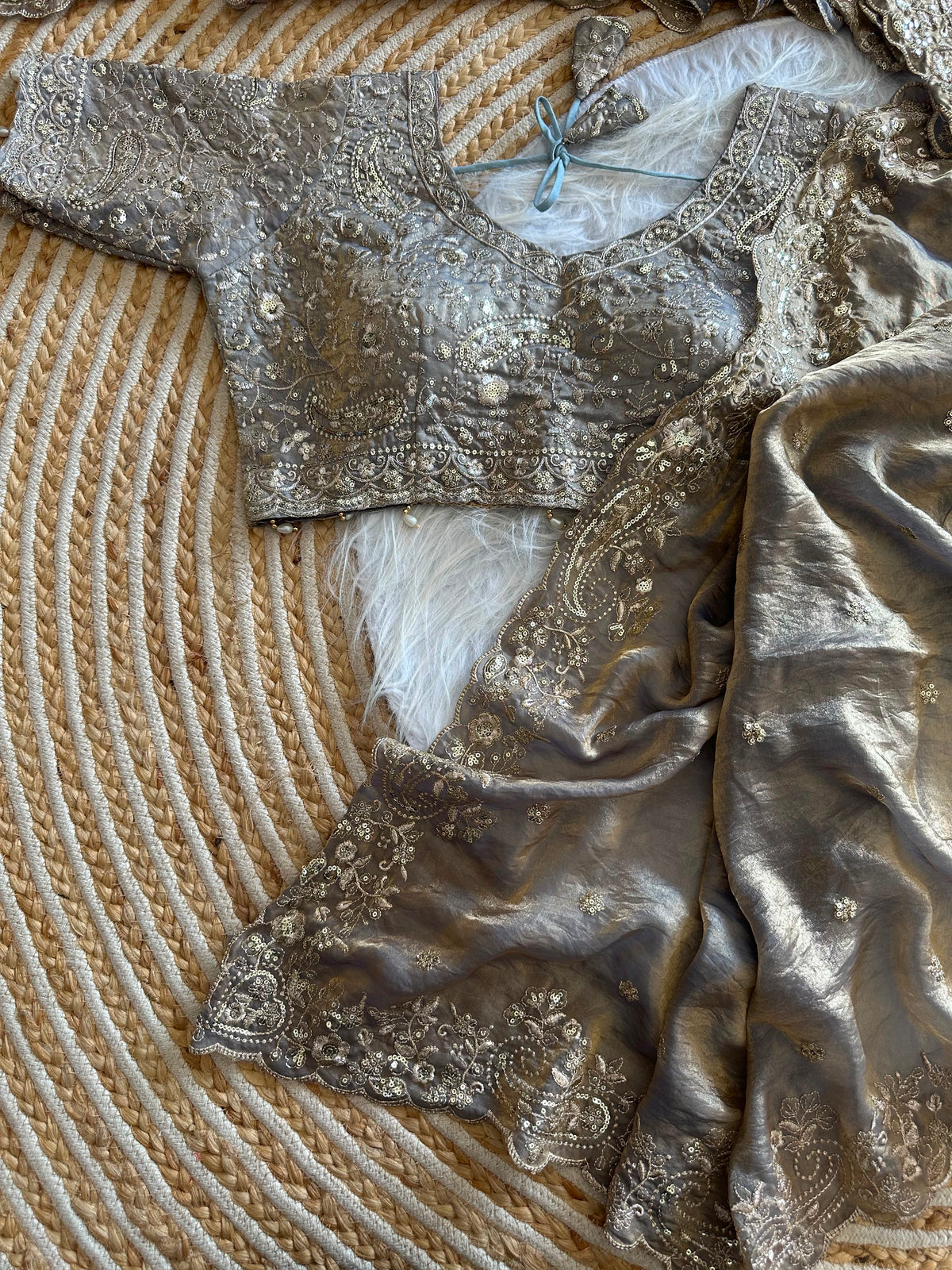 Dazzling Wedding Wear Satin Silk Embroidery Sequence n Aarco Work Designer Saree With Stitched Blouse