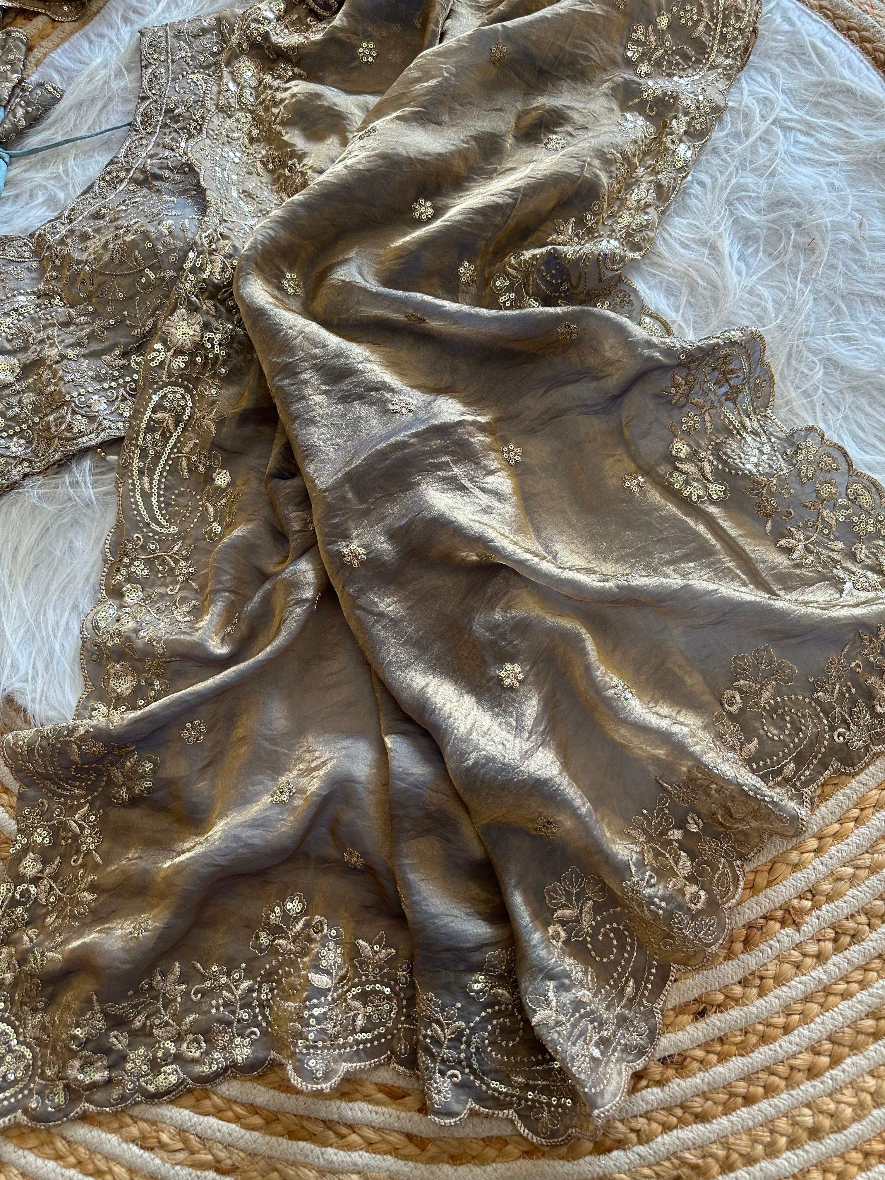 Dazzling Wedding Wear Satin Silk Embroidery Sequence n Aarco Work Designer Saree With Stitched Blouse
