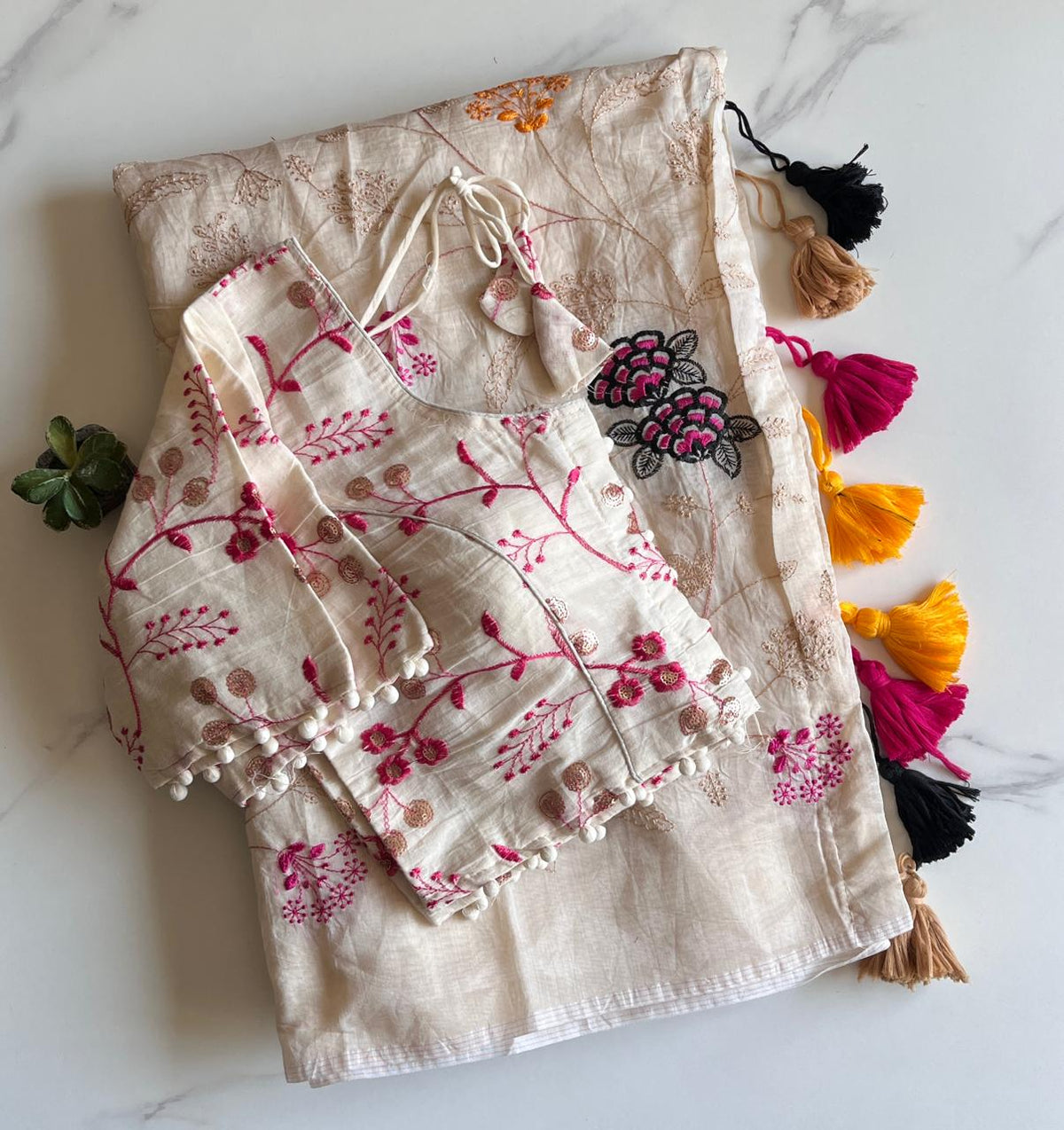 Evocative Function Wear Soft Chanderi Cotton Embroidery n Tussels Work Designer  Saree With Stitched Blouse