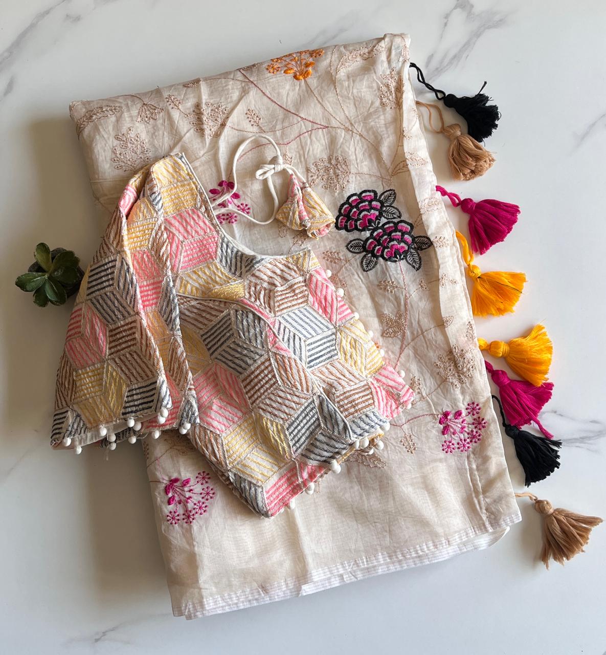 Evocative Function Wear Soft Chanderi Cotton Embroidery n Tussels Work Designer  Saree With Stitched Blouse