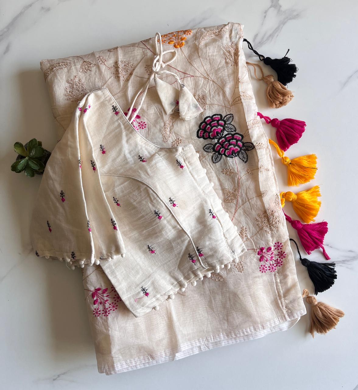 Evocative Function Wear Soft Chanderi Cotton Embroidery n Tussels Work Designer  Saree With Stitched Blouse
