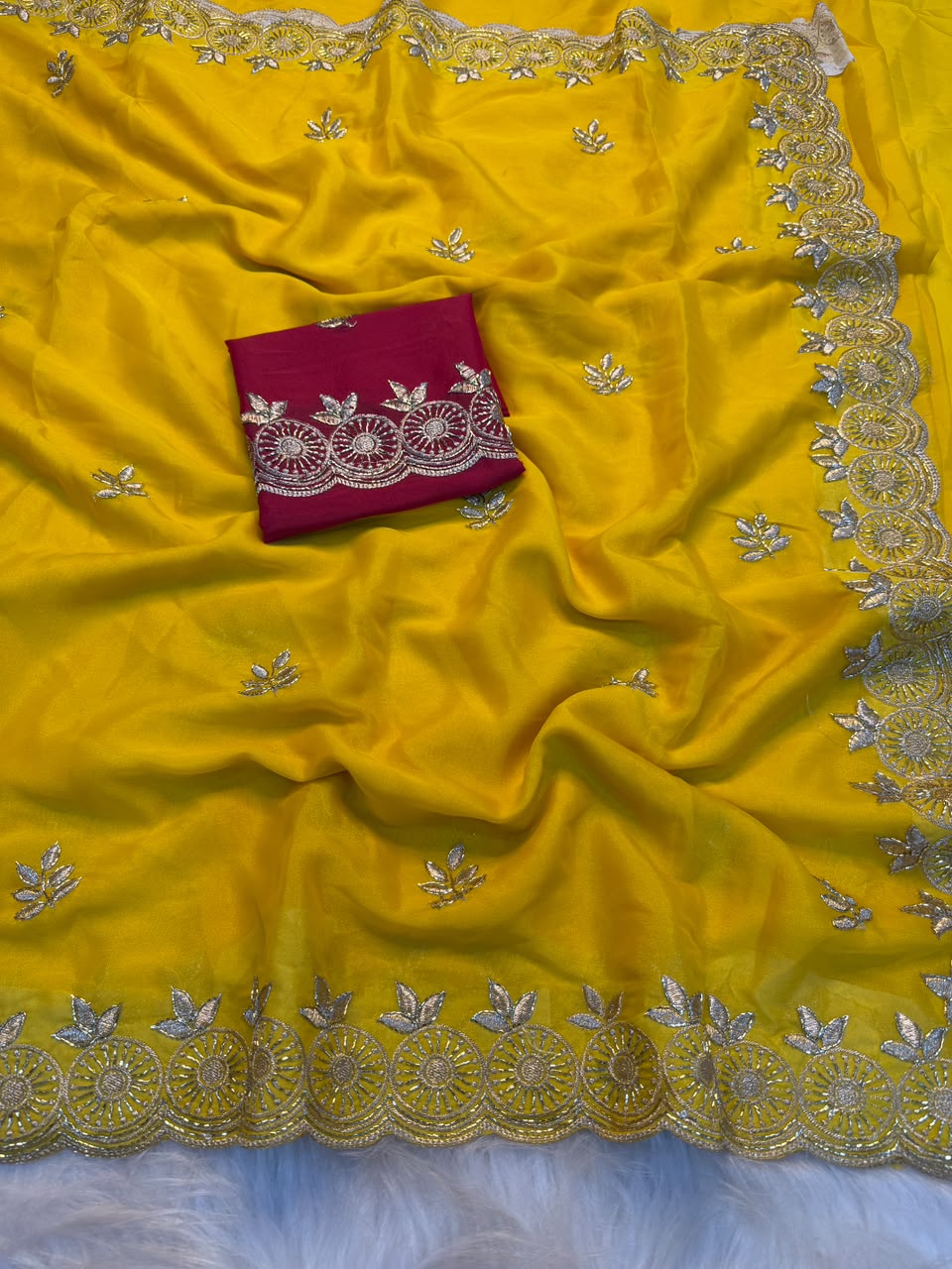 Marvellous Function Wear Georgette Multi Embroidery Work Fancy Saree With Contrast Blouse Piece