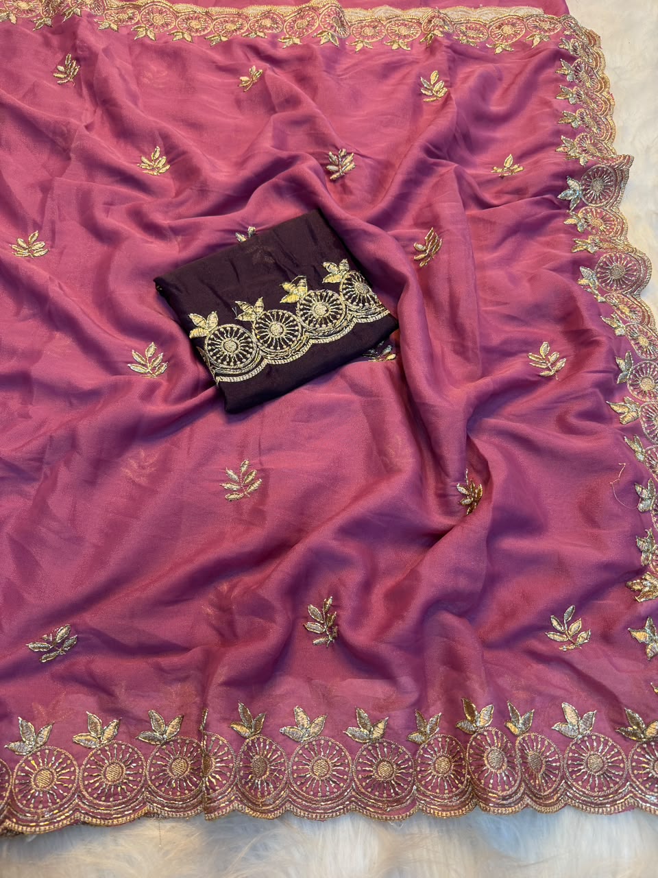 Marvellous Function Wear Georgette Multi Embroidery Work Fancy Saree With Contrast Blouse Piece