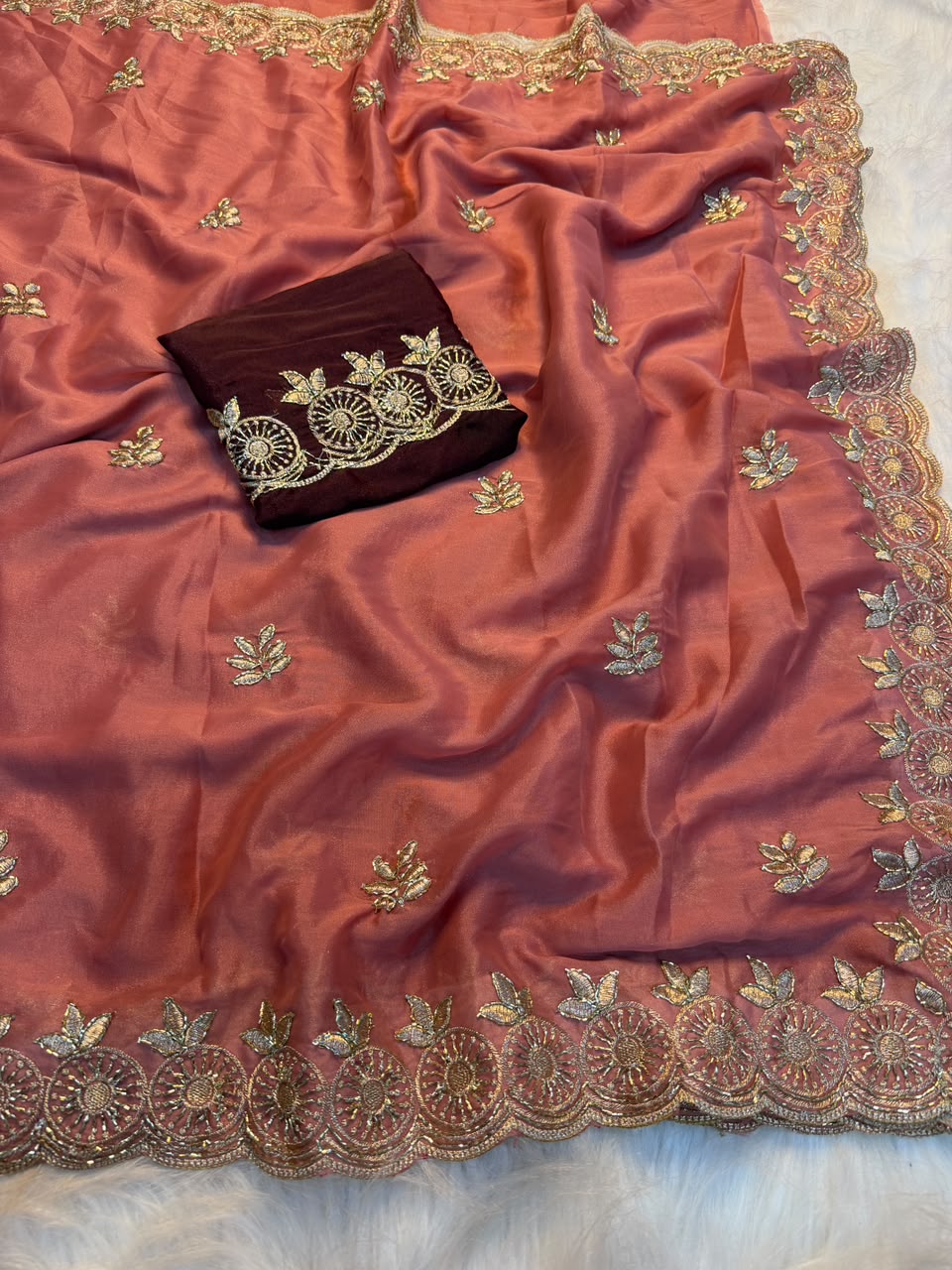Marvellous Function Wear Georgette Multi Embroidery Work Fancy Saree With Contrast Blouse Piece
