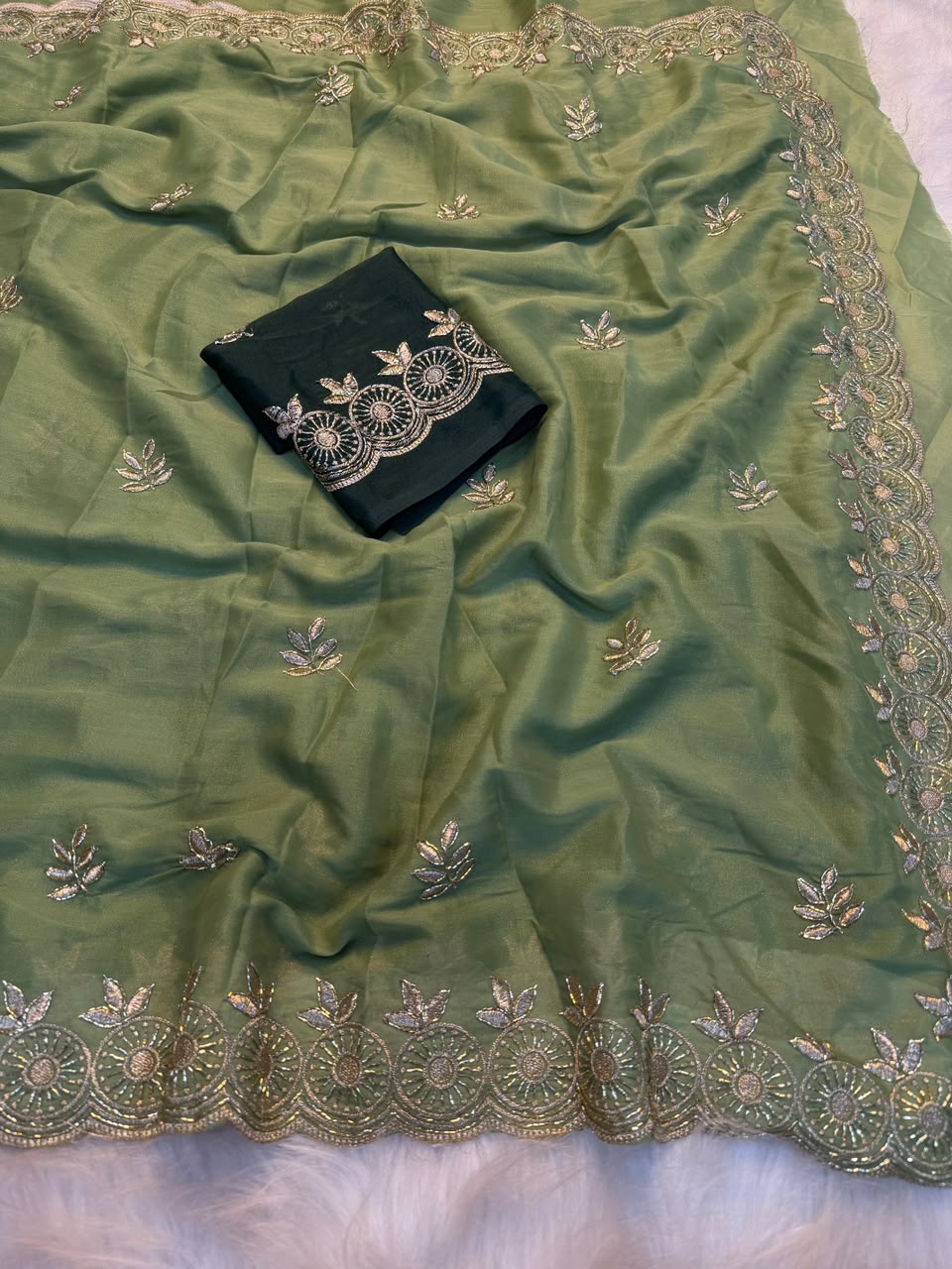 Marvellous Function Wear Georgette Multi Embroidery Work Fancy Saree With Contrast Blouse Piece