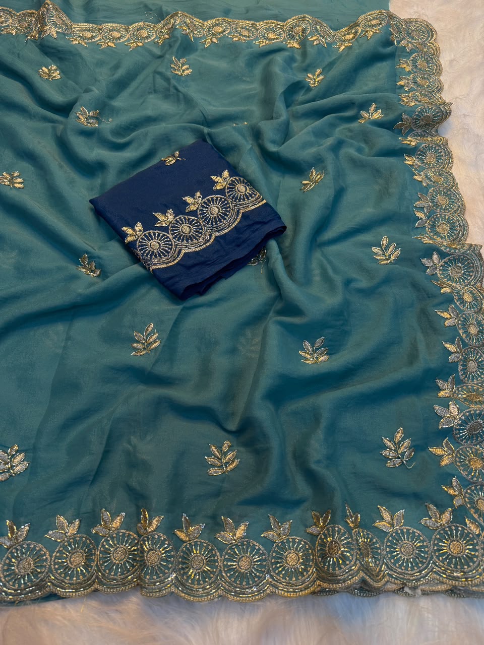 Marvellous Function Wear Georgette Multi Embroidery Work Fancy Saree With Contrast Blouse Piece