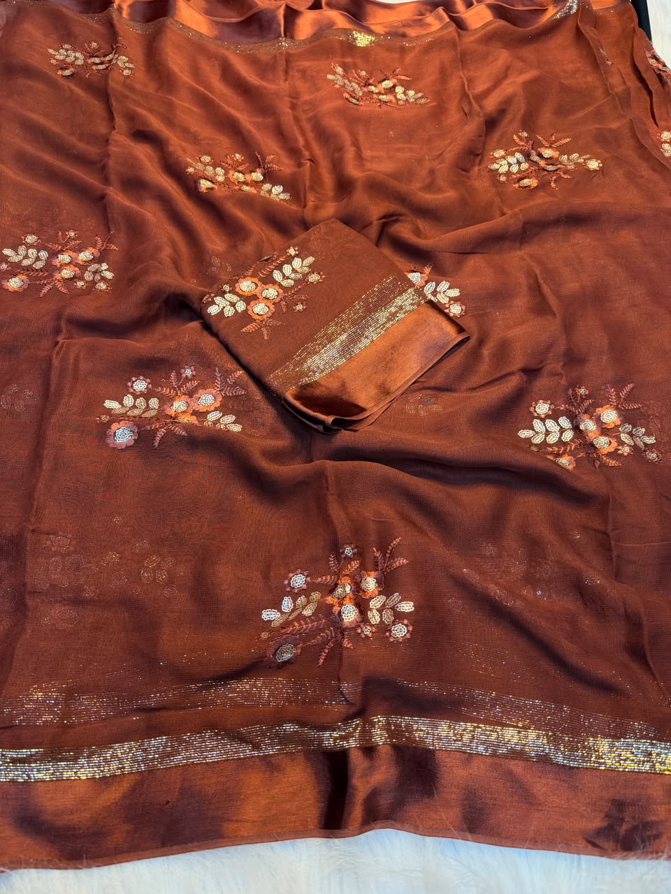 Glamorous Pure Viscose Georgette With Satin Border n Sequence Work Saree With Blouse Piece