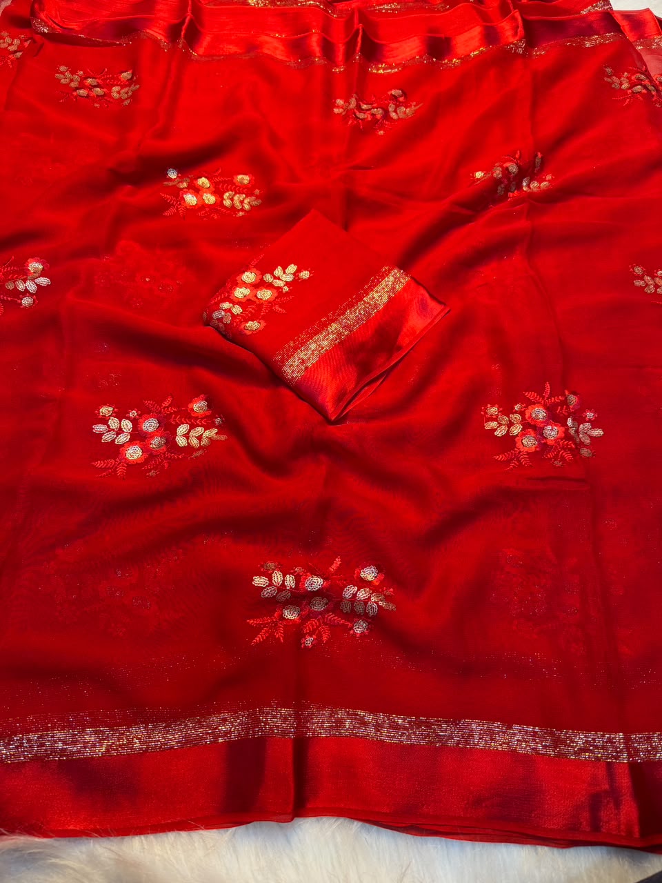 Glamorous Pure Viscose Georgette With Satin Border n Sequence Work Saree With Blouse Piece