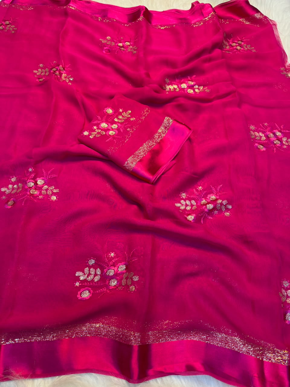 Glamorous Pure Viscose Georgette With Satin Border n Sequence Work Saree With Blouse Piece