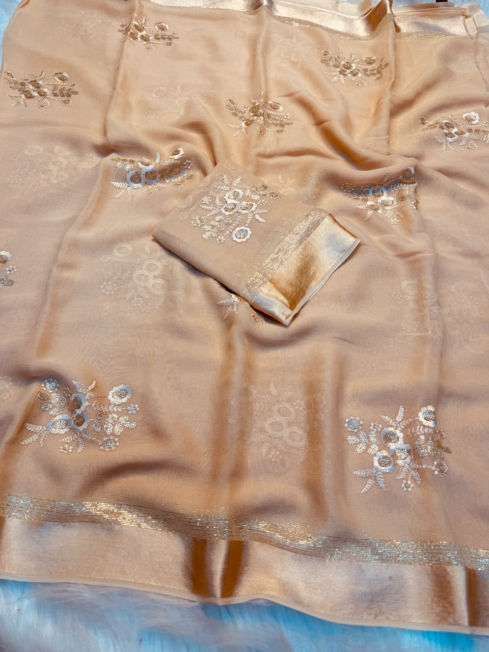 Glamorous Pure Viscose Georgette With Satin Border n Sequence Work Saree With Blouse Piece