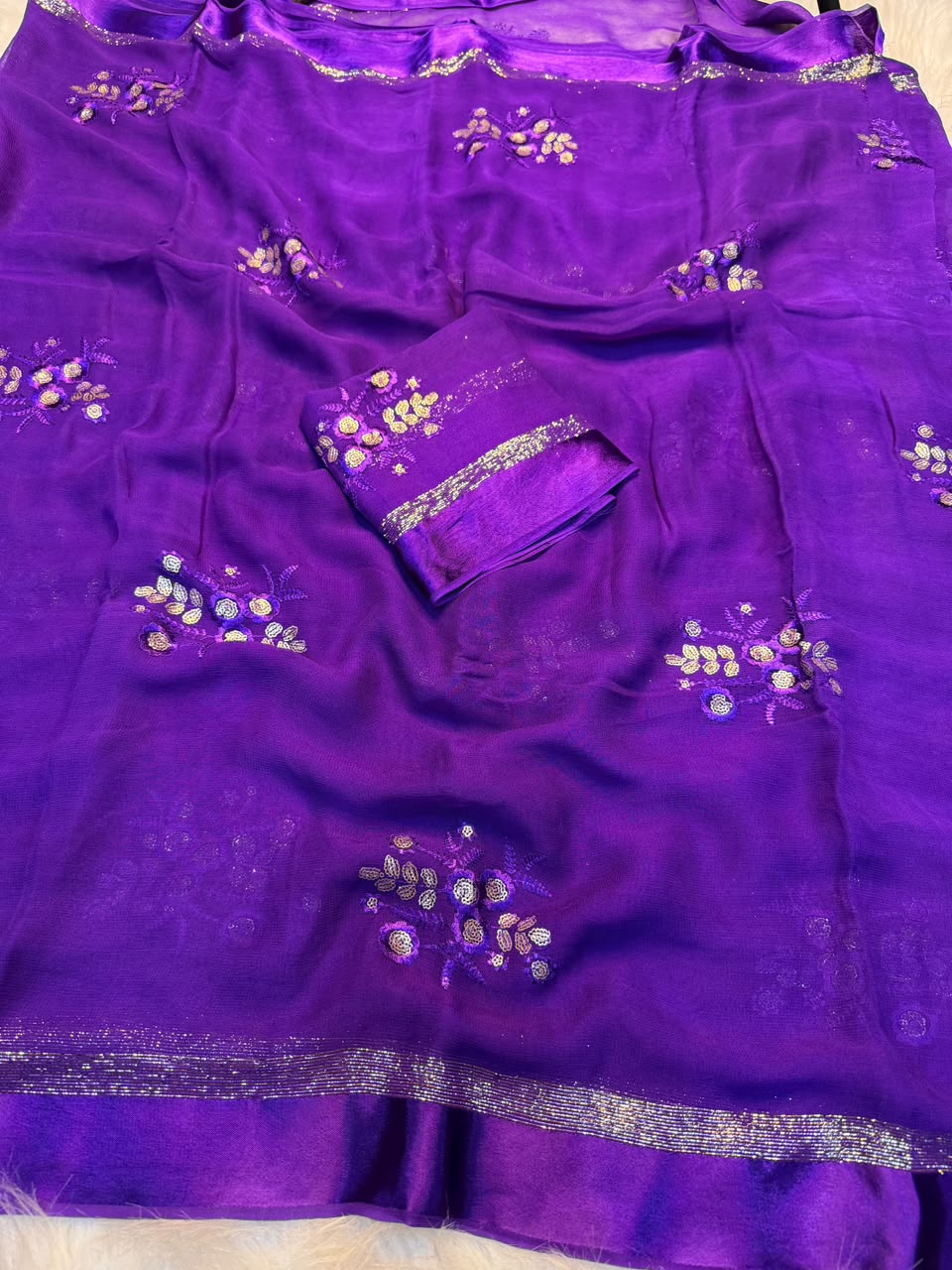 Glamorous Pure Viscose Georgette With Satin Border n Sequence Work Saree With Blouse Piece