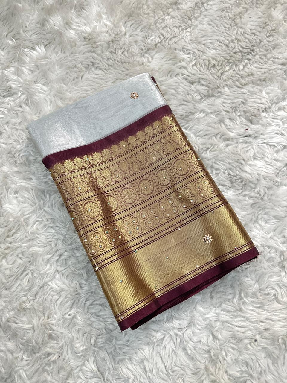 Luxuriant Wedding Wear Silver Colour Banarasi Tissue Silk Handstone Work Stunning Pallu n Jacquard Border Saree