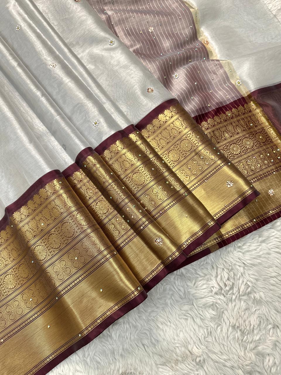 Luxuriant Wedding Wear Silver Colour Banarasi Tissue Silk Handstone Work Stunning Pallu n Jacquard Border Saree