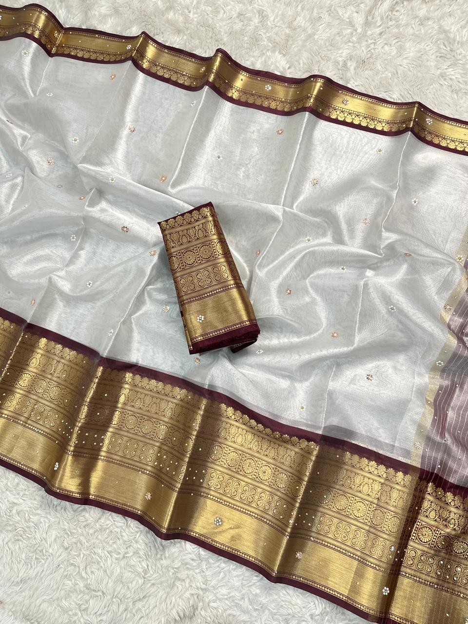 Luxuriant Wedding Wear Silver Colour Banarasi Tissue Silk Handstone Work Stunning Pallu n Jacquard Border Saree