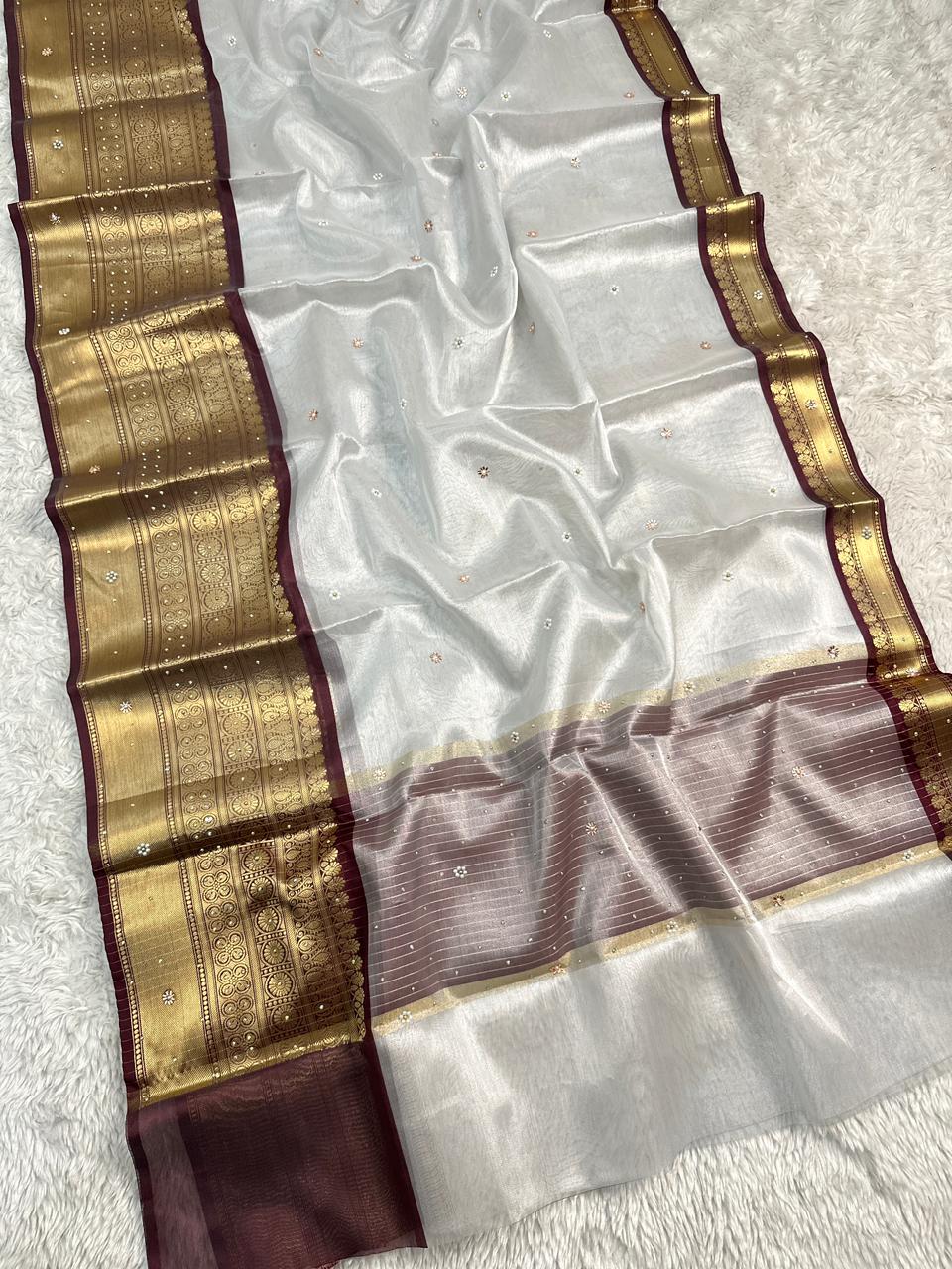 Luxuriant Wedding Wear Silver Colour Banarasi Tissue Silk Handstone Work Stunning Pallu n Jacquard Border Saree