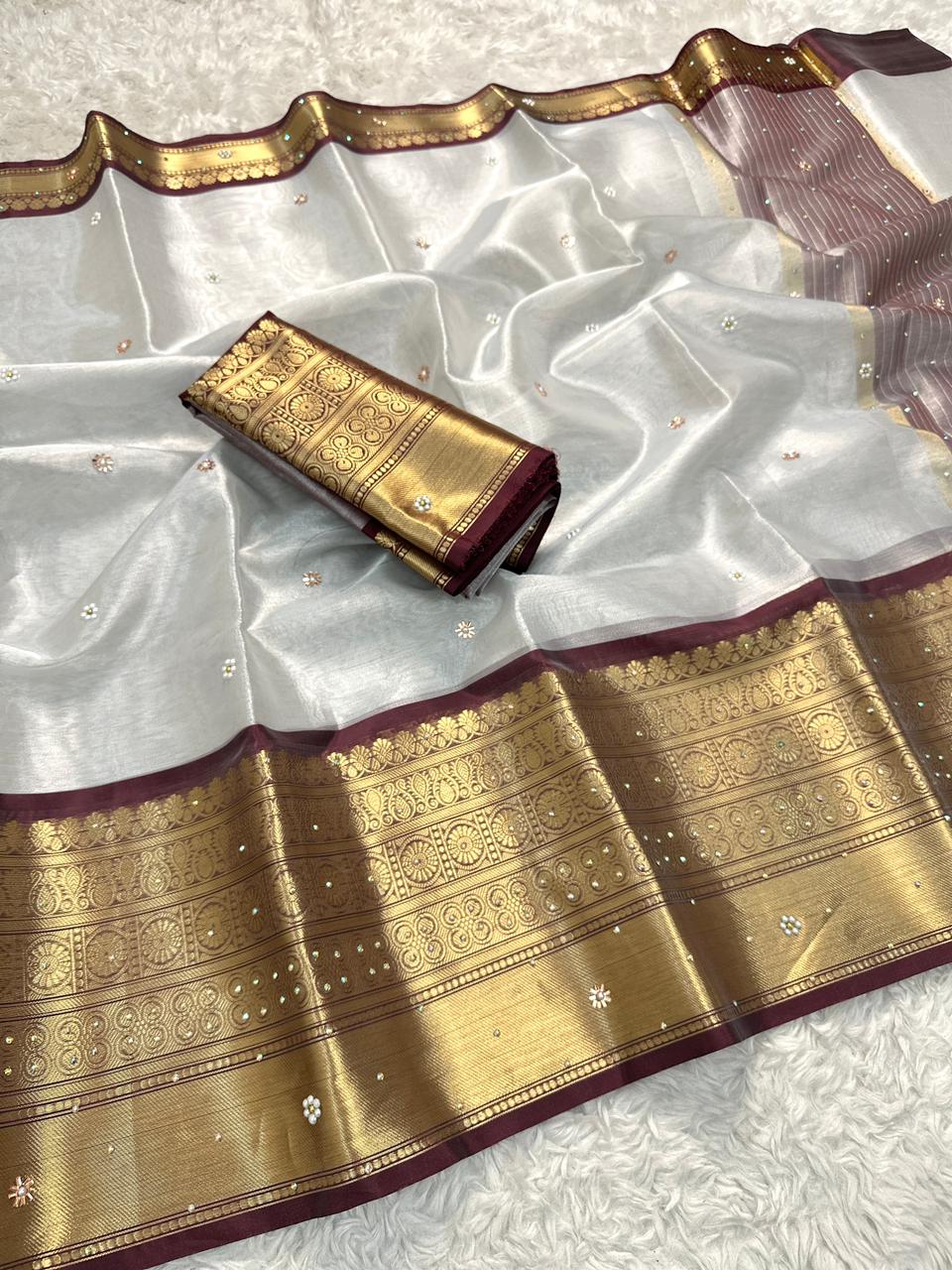 Luxuriant Wedding Wear Silver Colour Banarasi Tissue Silk Handstone Work Stunning Pallu n Jacquard Border Saree