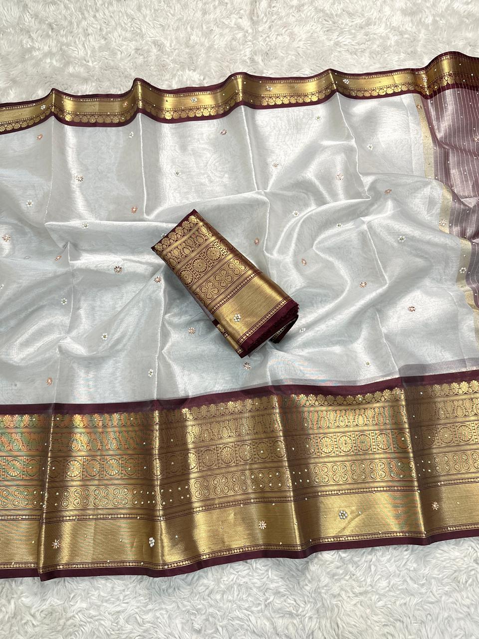 Luxuriant Wedding Wear Silver Colour Banarasi Tissue Silk Handstone Work Stunning Pallu n Jacquard Border Saree