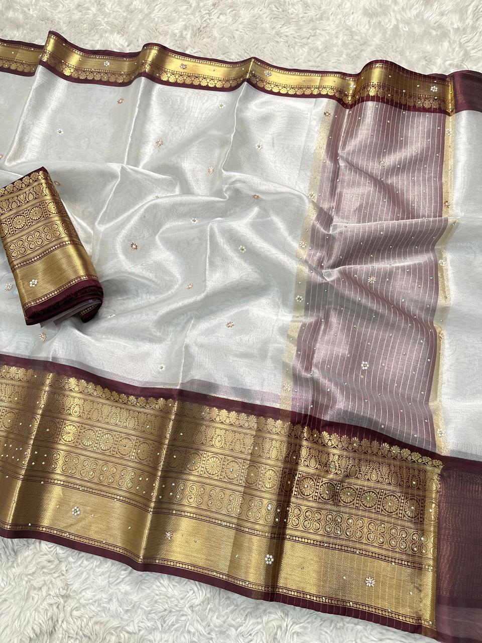 Luxuriant Wedding Wear Silver Colour Banarasi Tissue Silk Handstone Work Stunning Pallu n Jacquard Border Saree