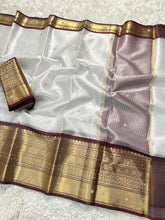 Load image into Gallery viewer, Luxuriant Wedding Wear Silver Colour Banarasi Tissue Silk Handstone Work Stunning Pallu n Jacquard Border Saree
