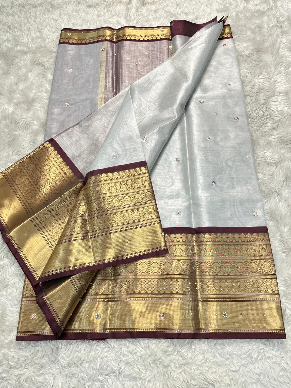 Luxuriant Wedding Wear Silver Colour Banarasi Tissue Silk Handstone Work Stunning Pallu n Jacquard Border Saree