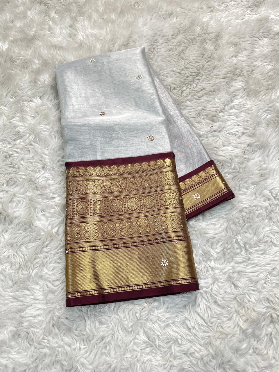 Luxuriant Wedding Wear Silver Colour Banarasi Tissue Silk Handstone Work Stunning Pallu n Jacquard Border Saree