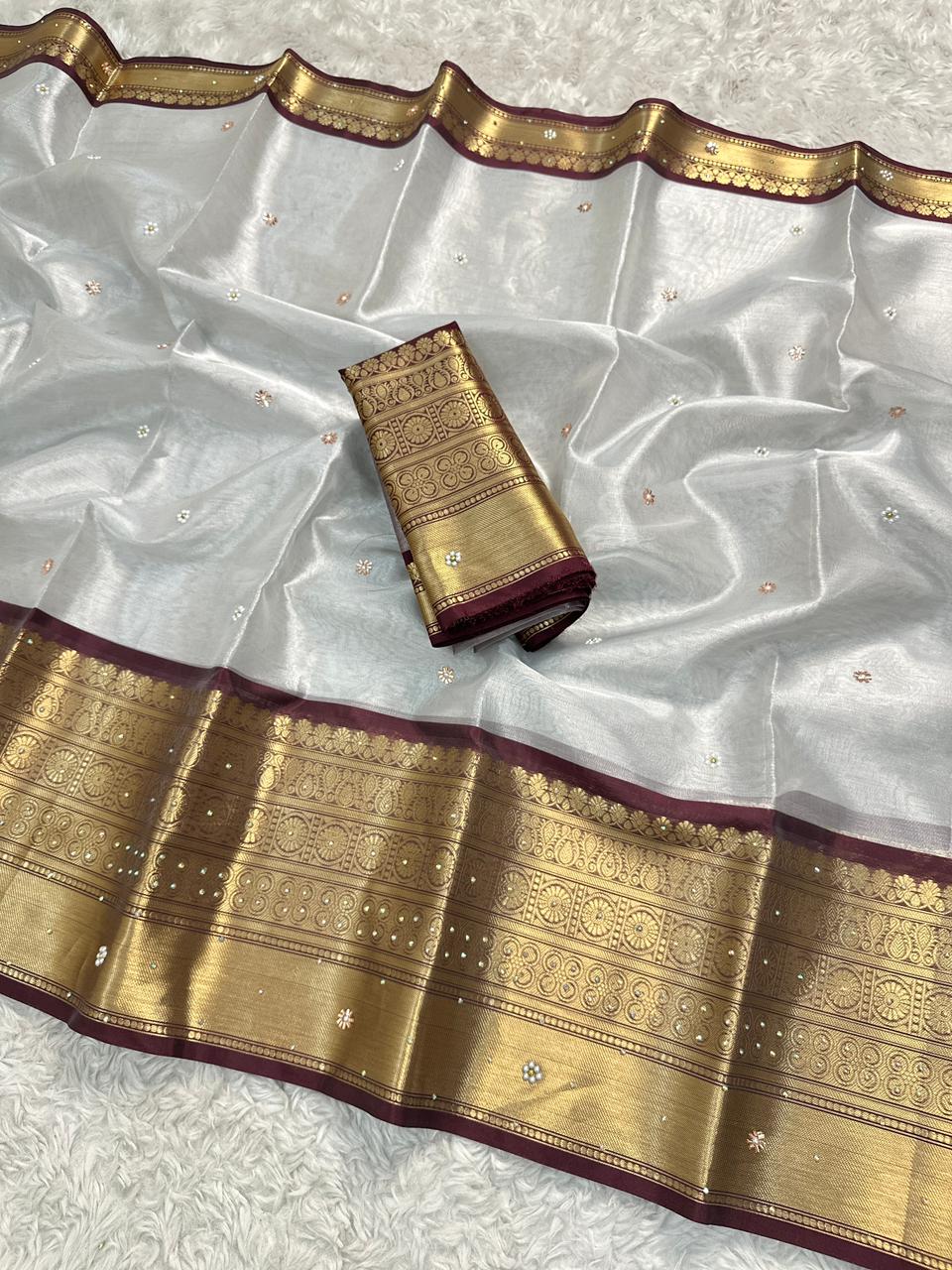 Luxuriant Wedding Wear Silver Colour Banarasi Tissue Silk Handstone Work Stunning Pallu n Jacquard Border Saree