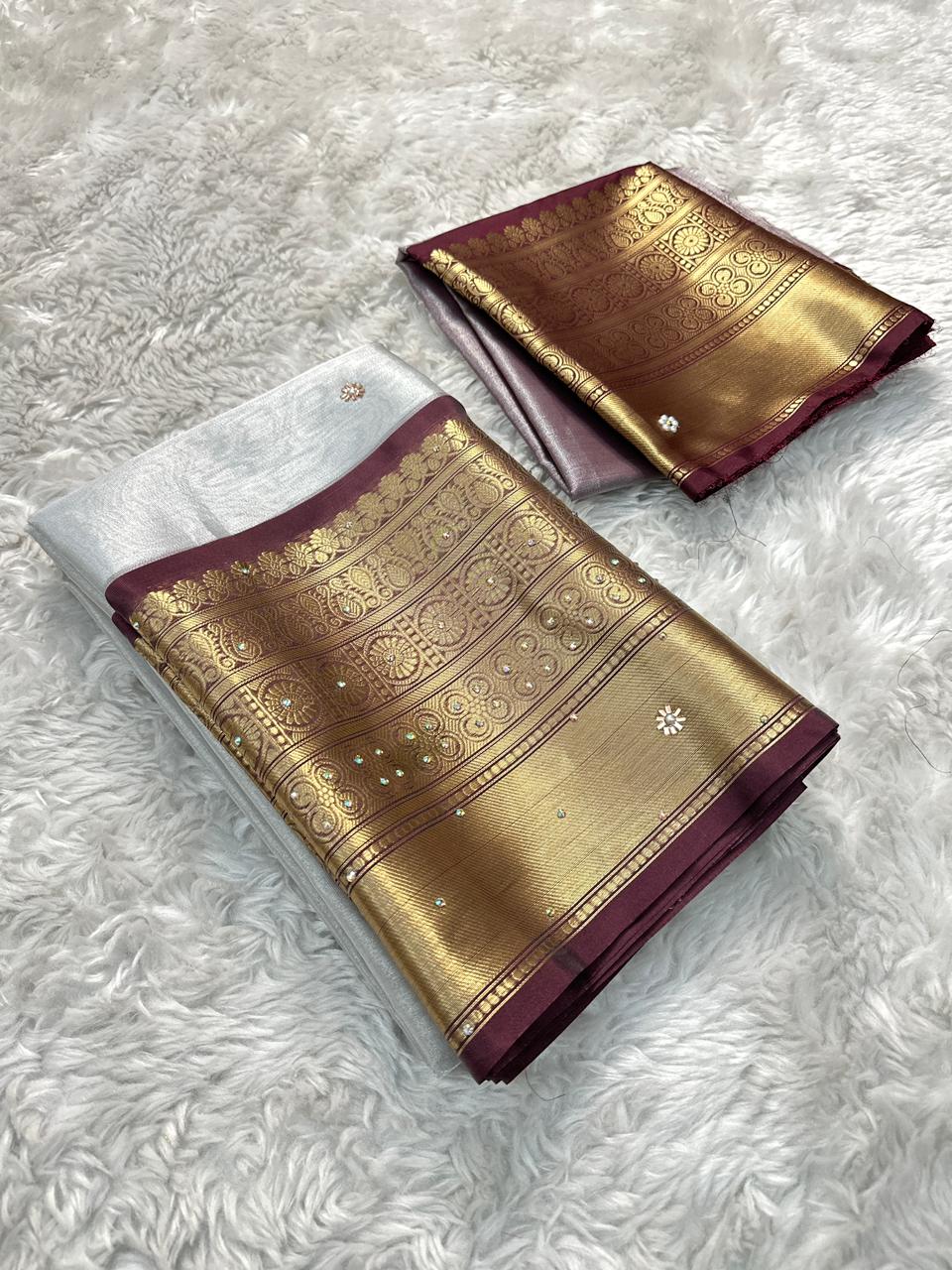 Luxuriant Wedding Wear Silver Colour Banarasi Tissue Silk Handstone Work Stunning Pallu n Jacquard Border Saree