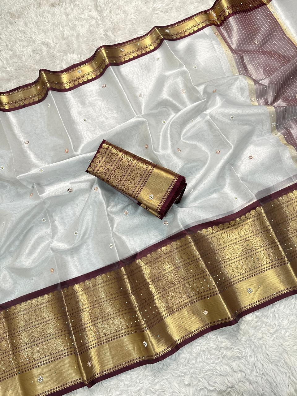 Luxuriant Wedding Wear Silver Colour Banarasi Tissue Silk Handstone Work Stunning Pallu n Jacquard Border Saree