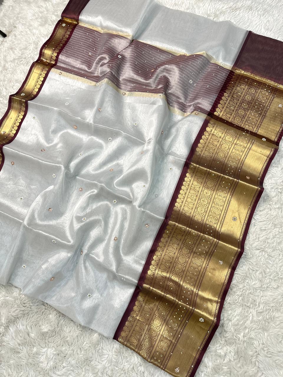 Luxuriant Wedding Wear Silver Colour Banarasi Tissue Silk Handstone Work Stunning Pallu n Jacquard Border Saree