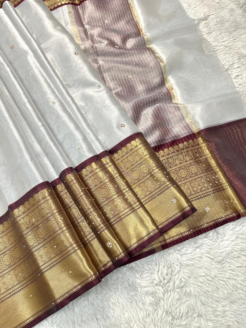 Luxuriant Wedding Wear Silver Colour Banarasi Tissue Silk Handstone Work Stunning Pallu n Jacquard Border Saree
