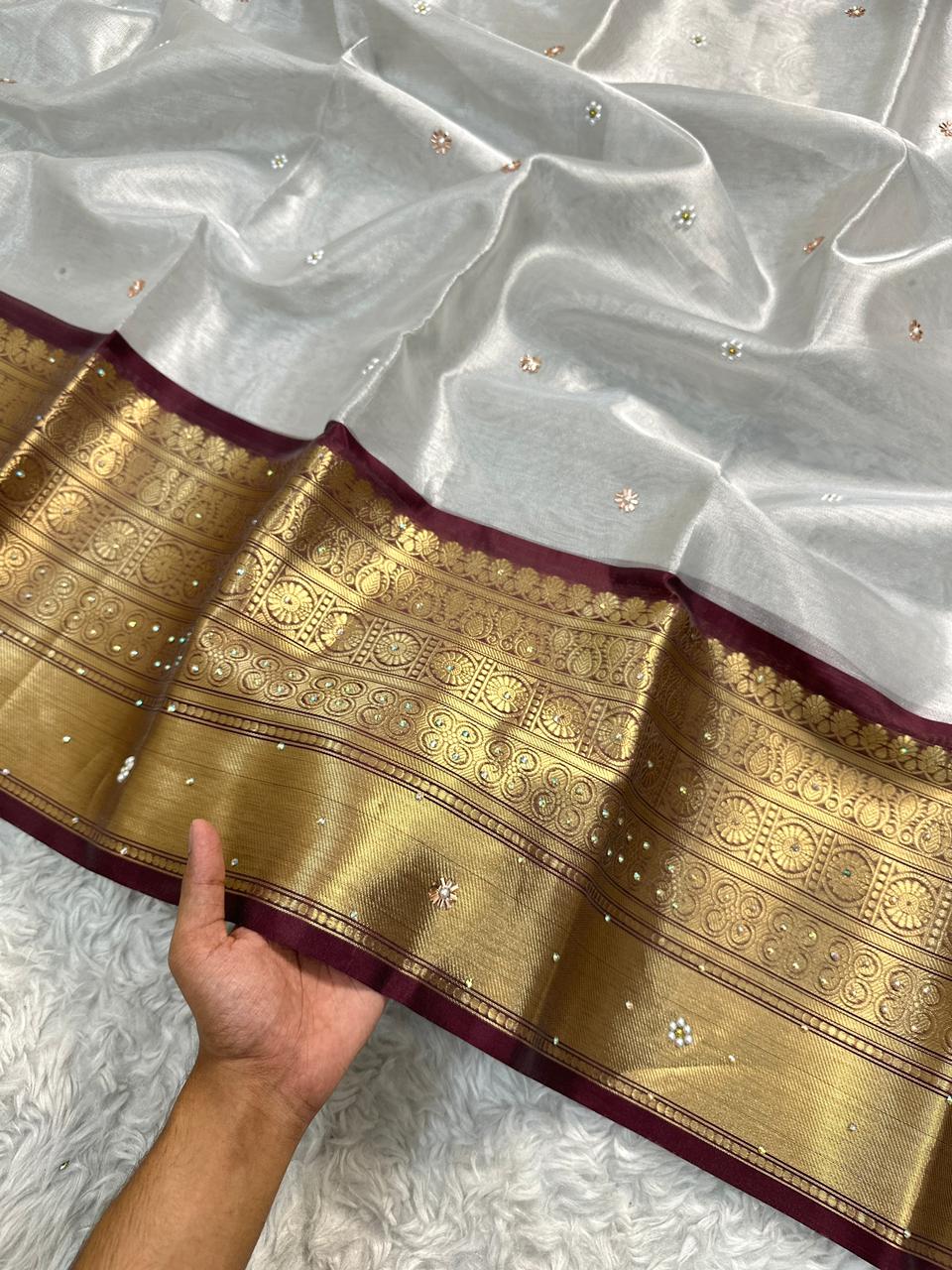 Luxuriant Wedding Wear Silver Colour Banarasi Tissue Silk Handstone Work Stunning Pallu n Jacquard Border Saree